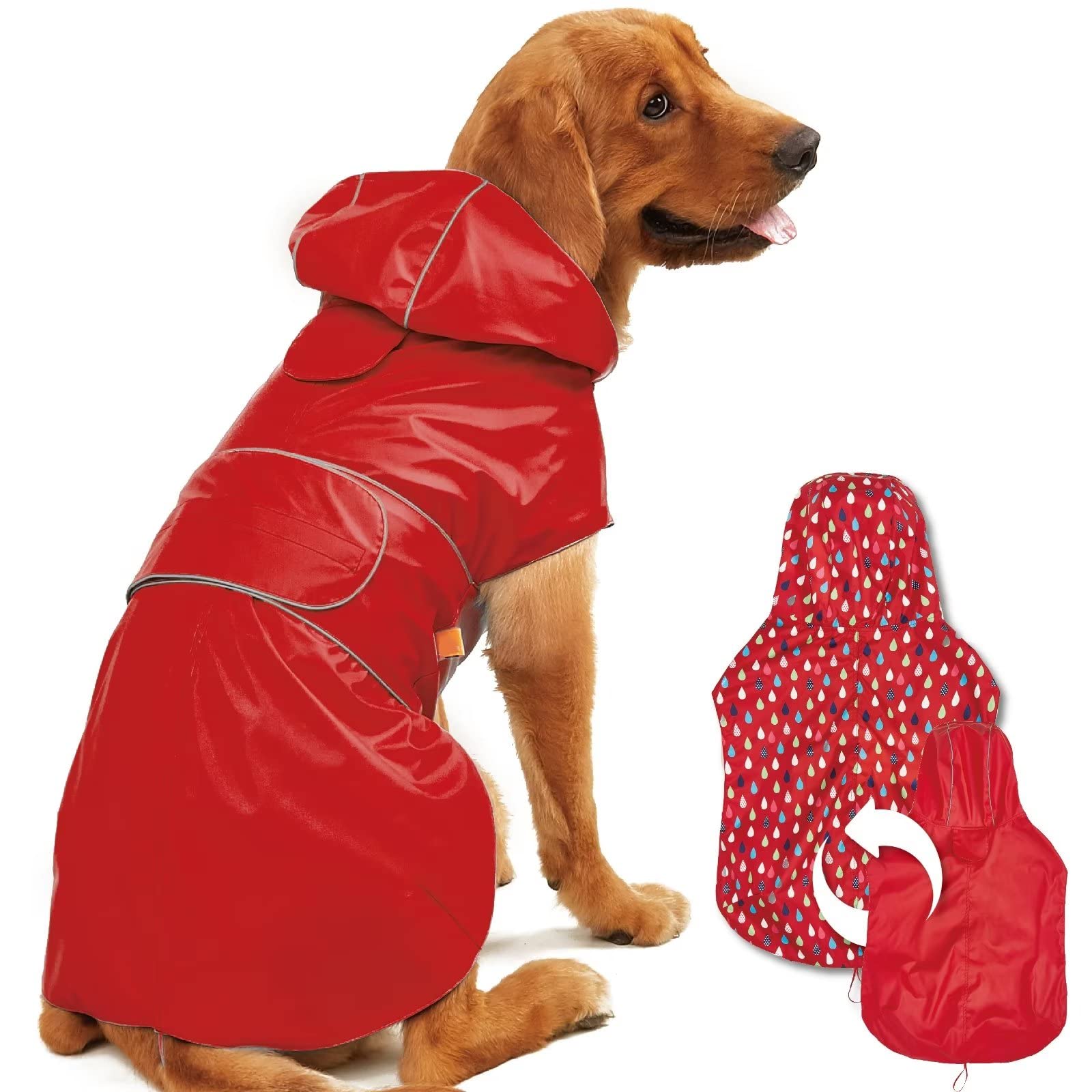Kimee Dog Raincoat Reversible, Single Side Slicker Poncho Adjustable Waterproof Dog Rain Jacket with Leash Hole/Reflective Stripe Hooded Snowproof