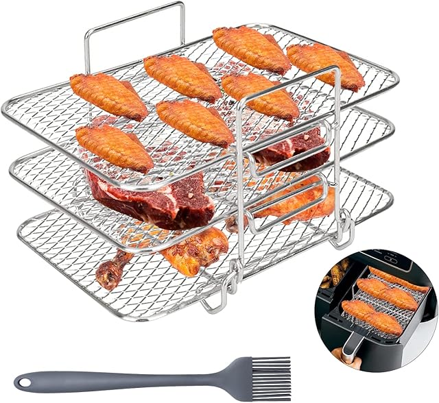 Air Fryer Rack, 304 Stainless Steel Three-Layer Dehydrator Rack Air Fryer Accessories Cooking Rack with Oil Brush for Multi-Purpose Compatible with Ninja Dual Zone Air Fryer AF300UK/ AF400UK