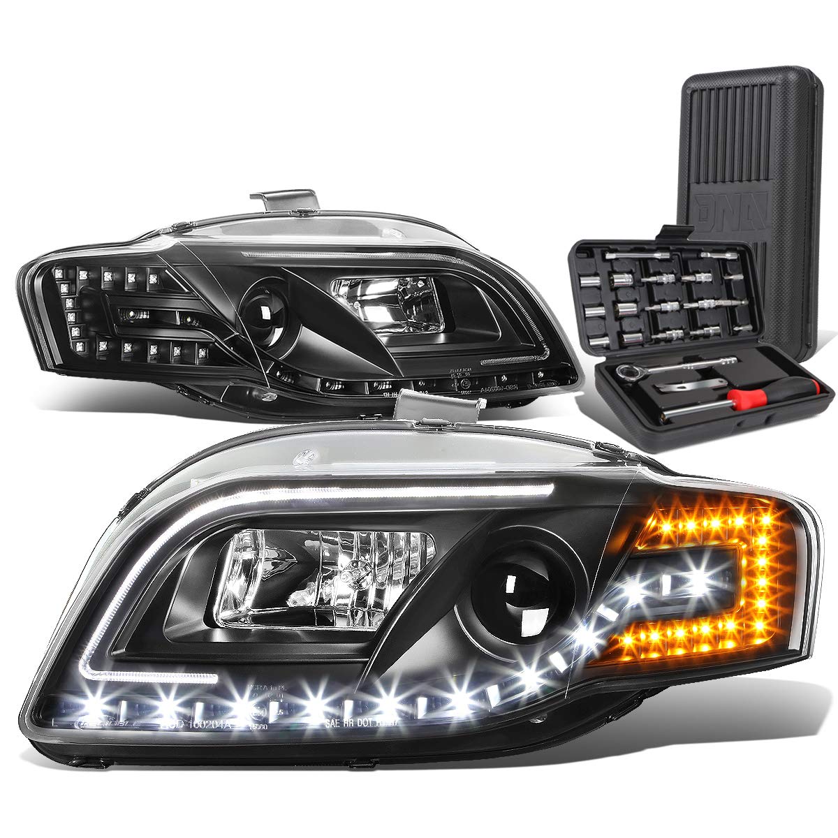 Auto Dynasty LED DRL Black Housing Projector Headlight Lamps+Tool Kit Compatible with Audi A4 Quattro S4 Sedan/Wagon 05-08
