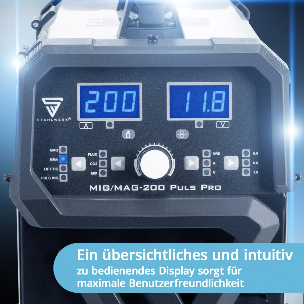 STAHLWERK Schweißgerät 5-in-1 Kombi MIG/MAG 200 Puls Pro – vollsynergisch Schweißen bis 200 A, FLUX (Fülldraht), Lift-TIG, MMA (ARC) und Puls-MIG für Aluminium in einem Gerät, 4-Rollen-Antrieb, IGBT