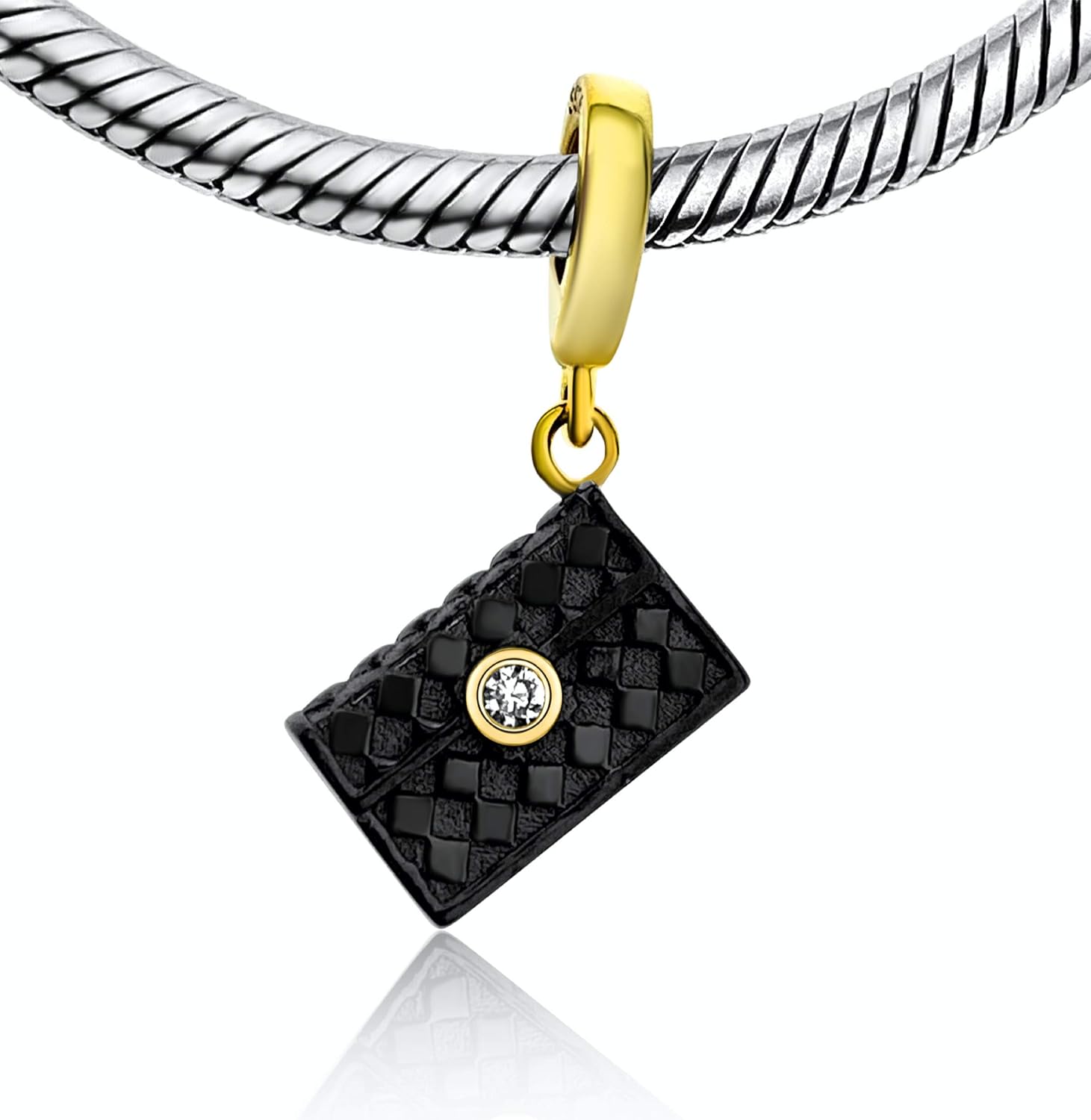 Designer Purse Bag Gold Black on 925 Sterling Silver Pendant Charm Bead For Pandora & Similar Charm Bracelets or Necklaces