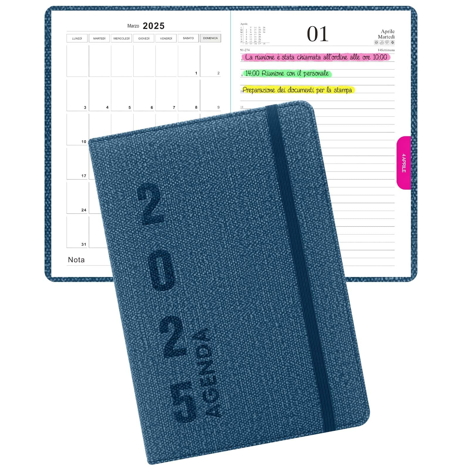 HW CASA Agende 2025 Giornaliera A5 Copertina Rigida con 200 Pagine Spesse Segnalibro in Raso Pianificazione Mensile e Giornaliera Etichette Colorate per i 12 Mesi