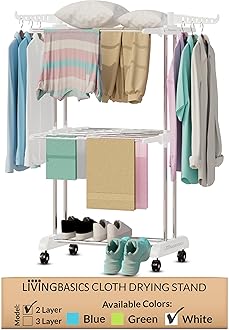 LIVINGBASICS 2 Layer Finest Clothes Stand for Drying/Cloth Drying Stand/Cloth Stand for Drying Clothes Foldable/Cloth Drying Stand for Balcony/Stainless Steel Hanging Dress Dryer Rack (Snow White)