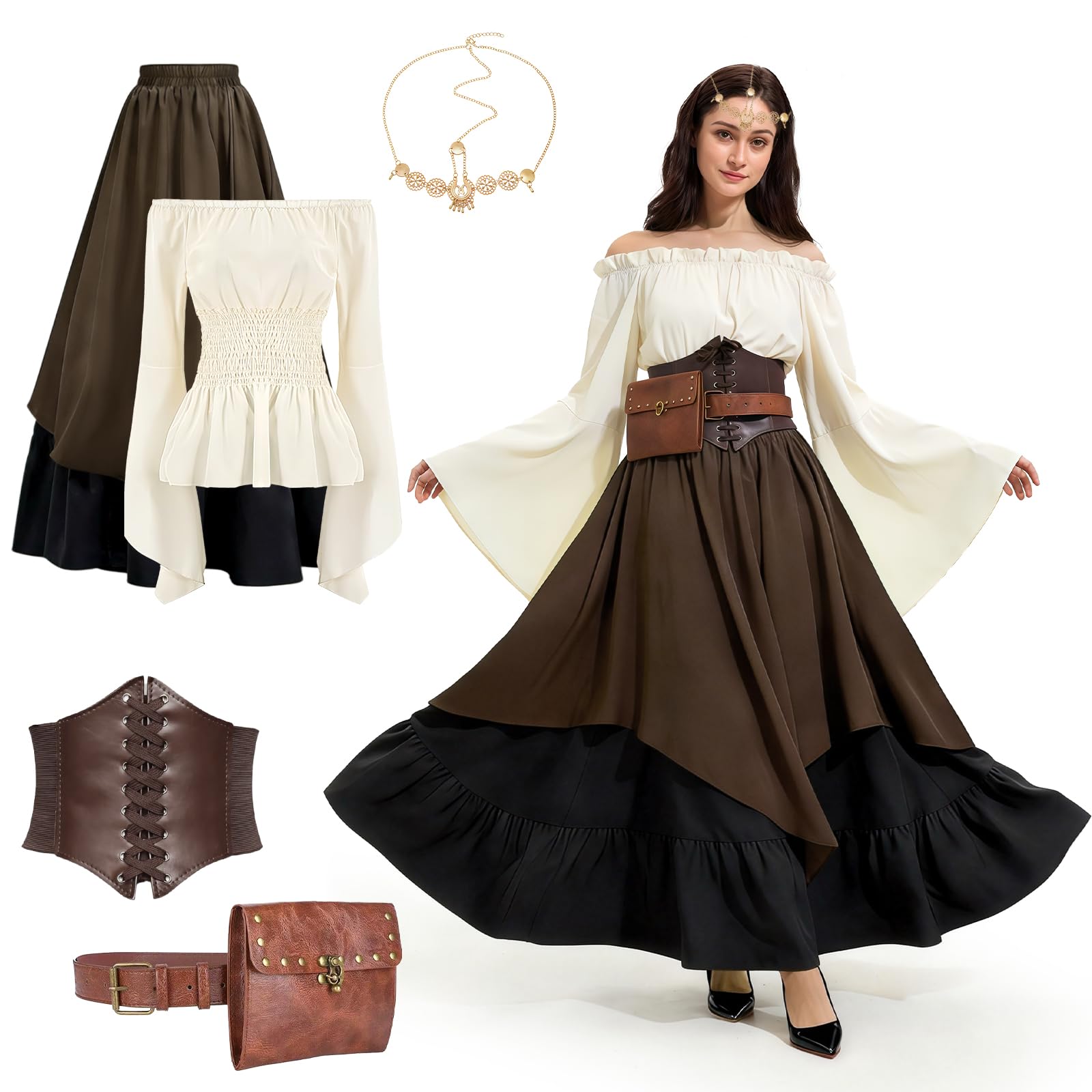 Mittelalter Kostüm Damen, Mittelalter Kleidung Damen Renaissance Kleid Erwachsene Set mit Corsett, Gürteltasche und Gürtel, Viktorianisches Kostüm für Karneval Halloween