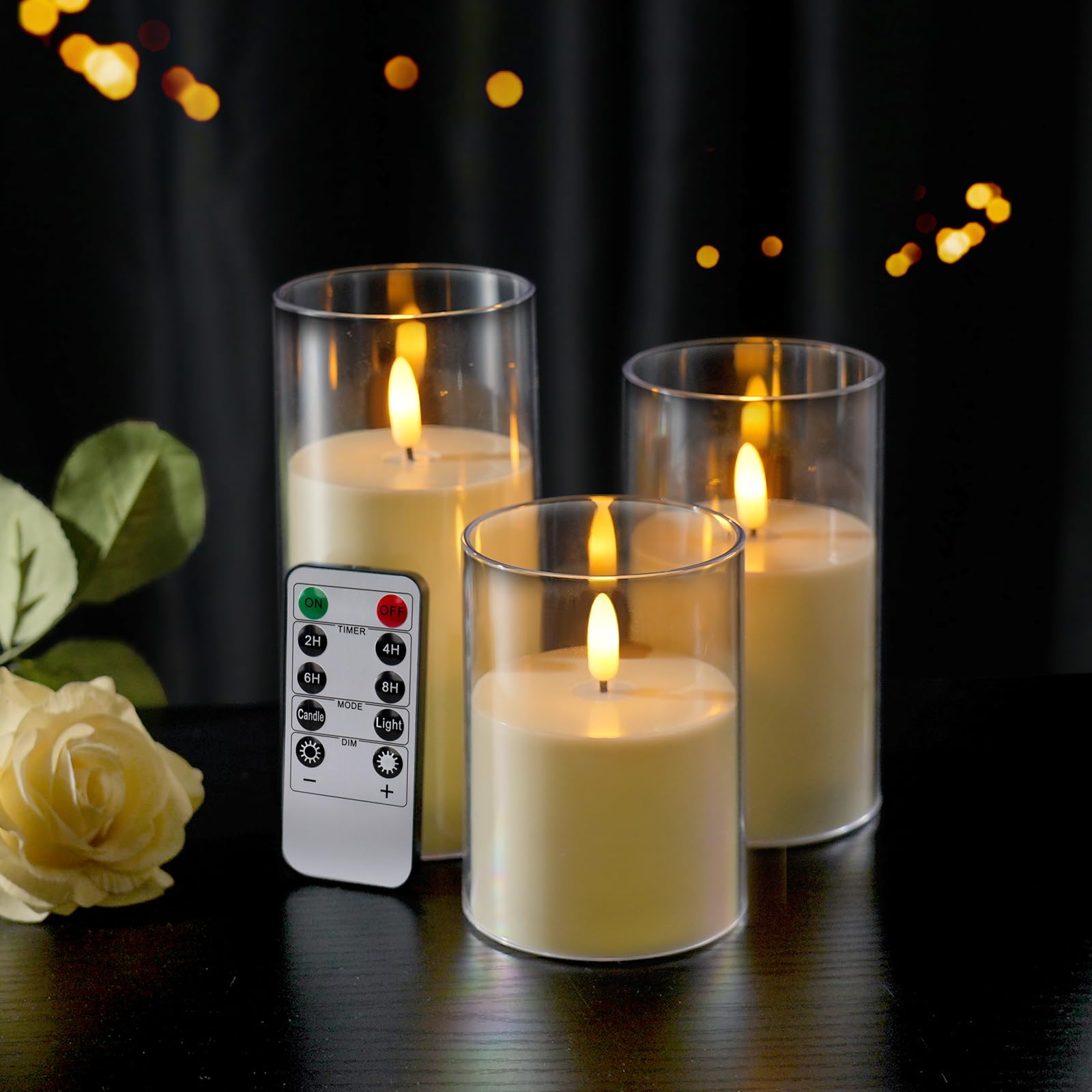 Flameless Candles with Remote Led Candles Battery Operated Candles, Electric Candles, Acrylic Fake Candle Set for Home Decoration Wedding Romantic Ambiance, 3 Pack, D3”x H4”5”6” (White)