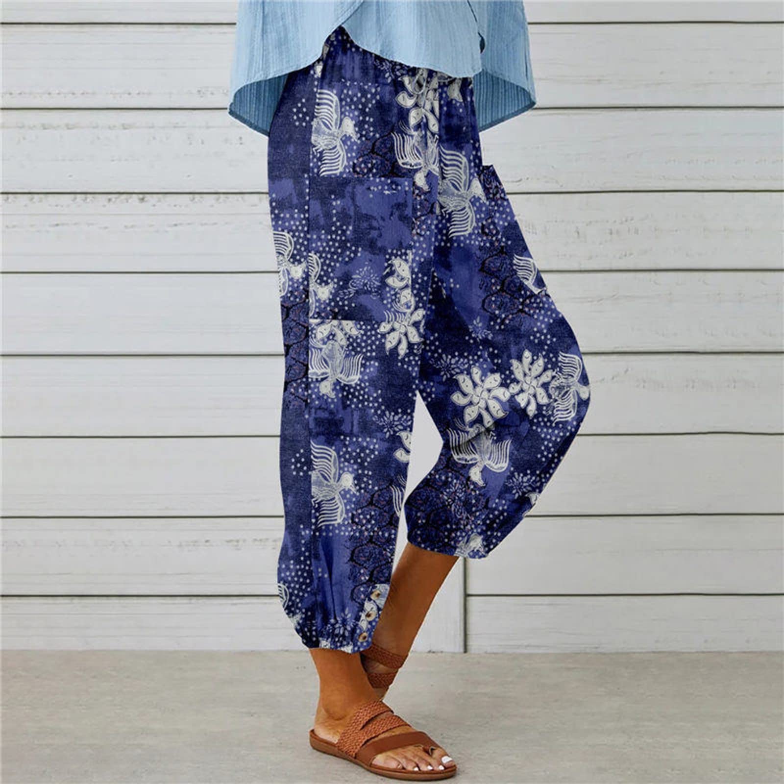 Pantaloni Lunghi Mare Donna - Pantaloni Harem Donna Estivi Vita Alta Gamba Larga Casual Pantalone Vintage Stampa Boho con Coulisse Leggeri Comodi con Tasche Spiaggia Pantalone