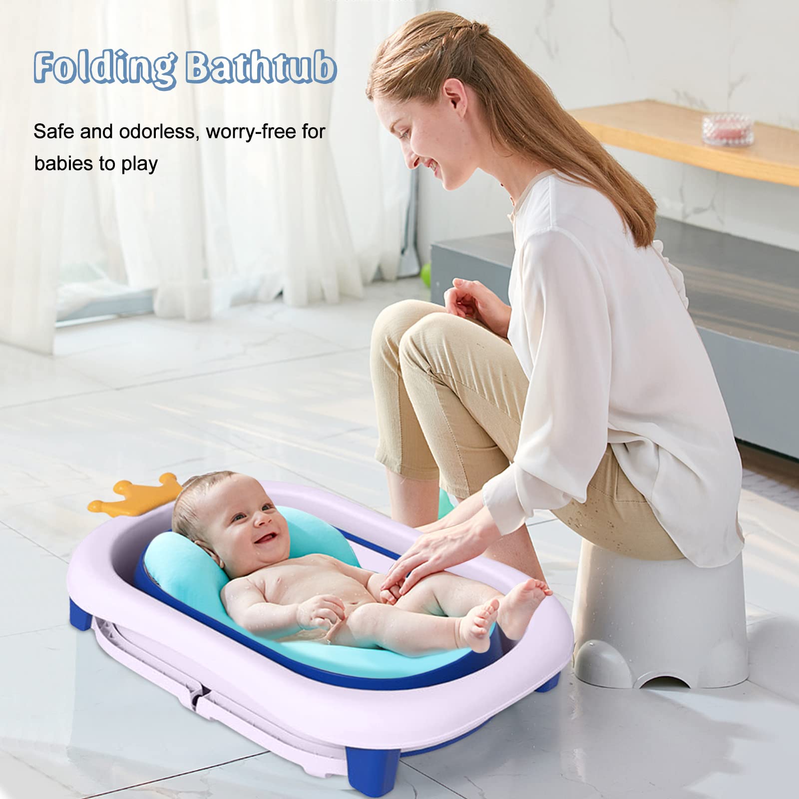 Ergocar Vasca da Bagno Bambini Pieghevole con Sedile Staccabile, Portatile Vaschetta Bagnetto Neonato con Tappo Scarico, Supporto Gambe Antiscivolo & Supporto per Doccia, Rosa