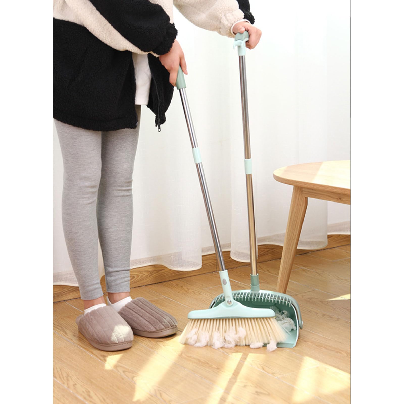 Besen- und Kehrschaufel-Set Zusammenklappbare Besen- und Kehrschaufel-Kombination Eingebaute Kammzähne zur automatischen Reinigung von Tierhaaren für den Boden im Home-Office-Küchen,Grün
