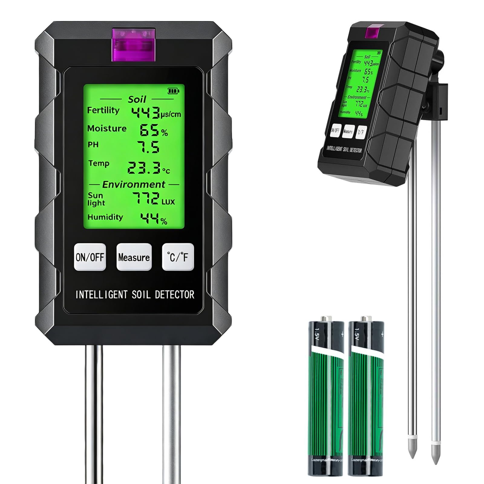 6 in 1 Soil Moisture Meter for Plants, Backlit Digital Soil Testing Kit with PH, Soil Moisture, Air Temp and Humidity, Sunlight & Fertility Meter for Plants, Garden, Farming, Indoor and Outdoor