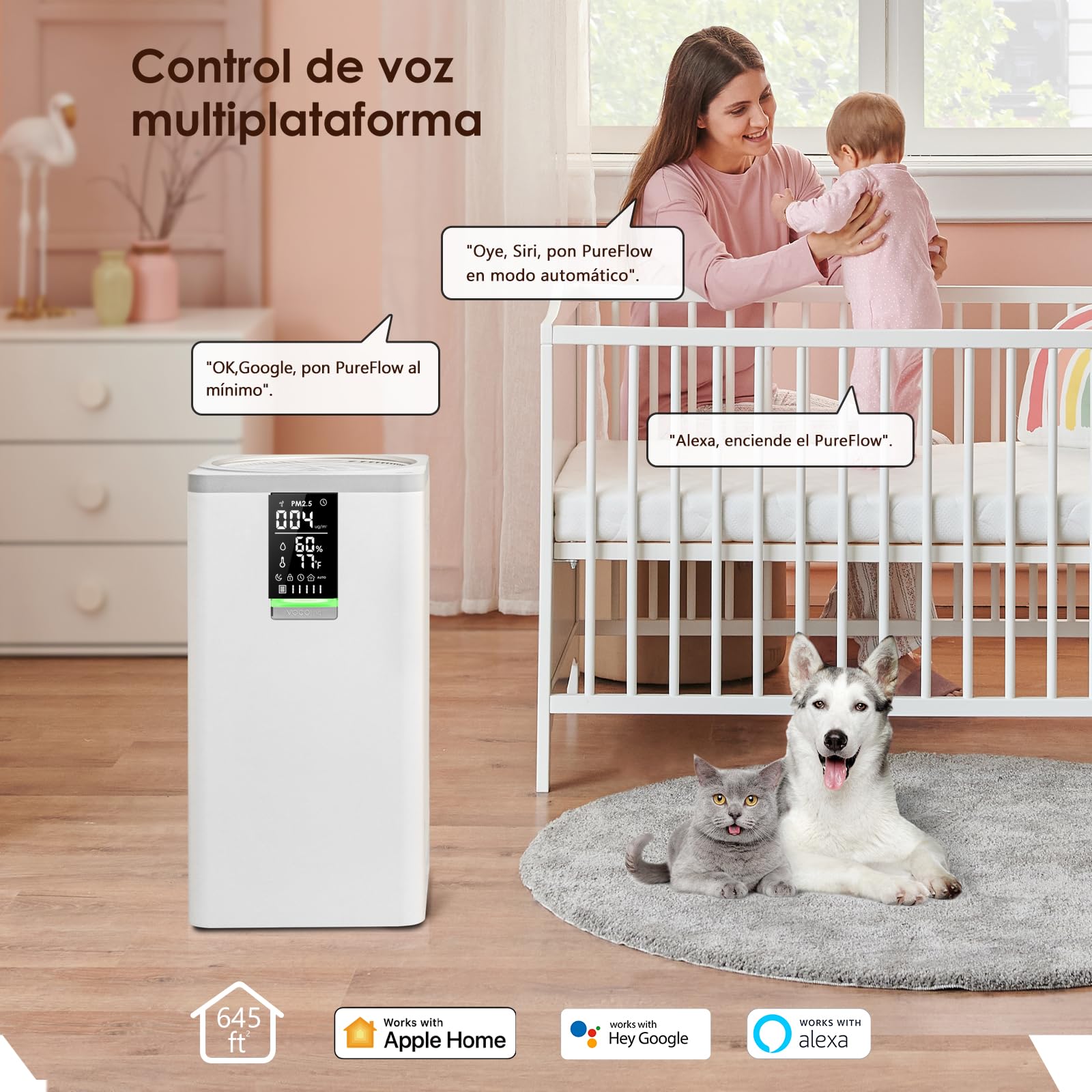VOCOlinc Purificador de Aire Inteligente con Filtro HEPA, 3 Etapas de Filtrado CADR 500 m³/h a 60㎡,Elimina 99,97% de Alergia Polen Polvo Olores, Air Purifier para Hogar Silencioso 30dB, Blanco