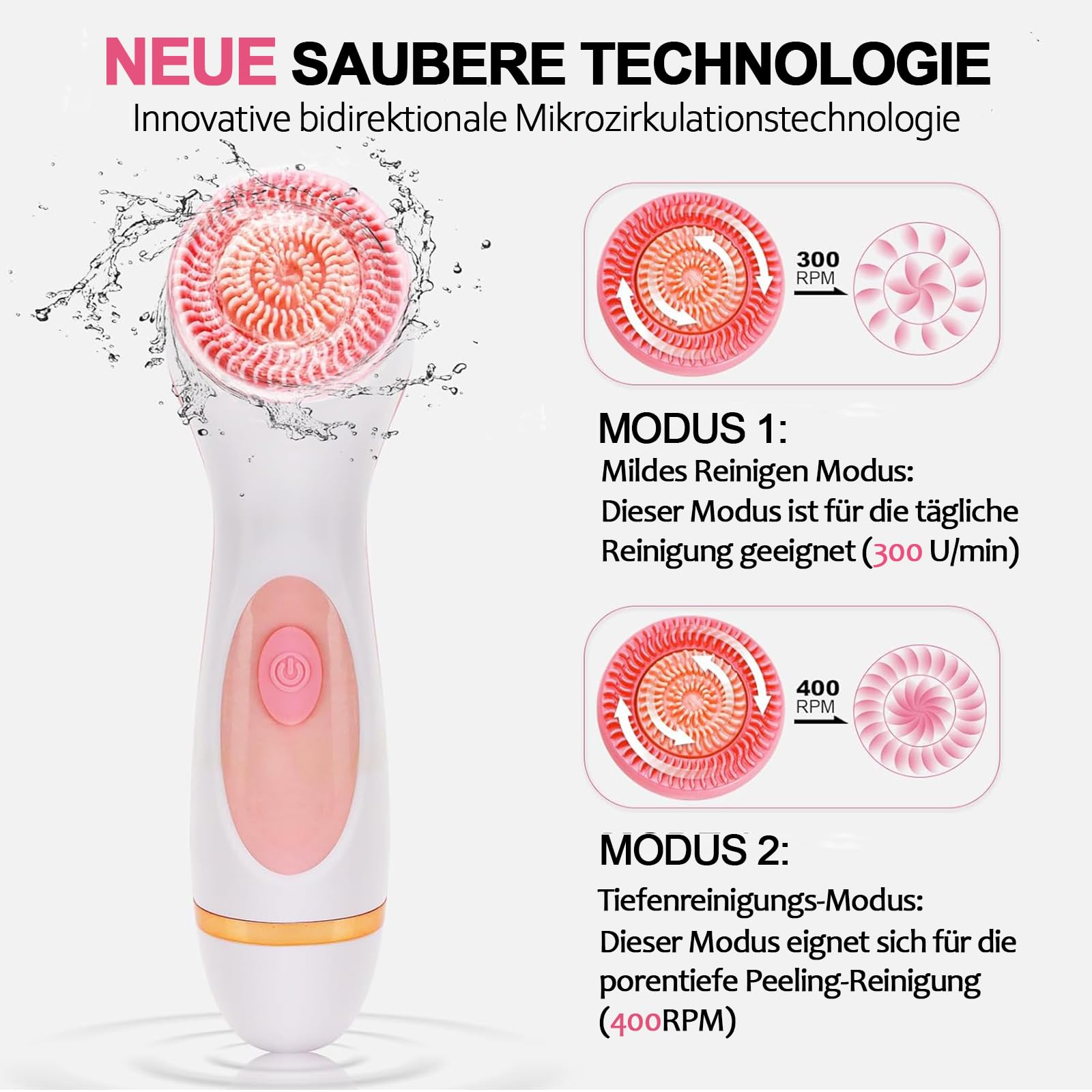 Maxspace Gesichtsreinigungsbürste, IPX7 Wasserdichte Gesichtsbürste Elektrisch mit 3 Bürstenköpfen und 2-stufige Rotation, Reinigungsbürste Gesicht für Gesichtsreinigung Exfoliation (Rosa)