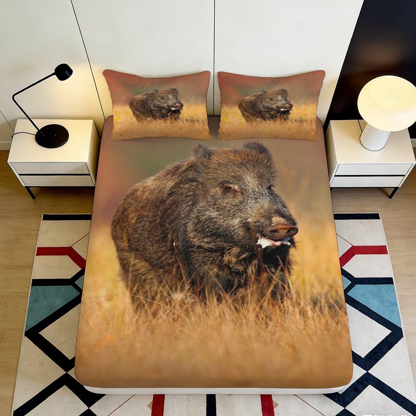 3D Printed Wild Boar Fitted Sheet Microfiber Soft Breathable Forest Animal Mattress Cover Bedroom Decor 90x200x25cm