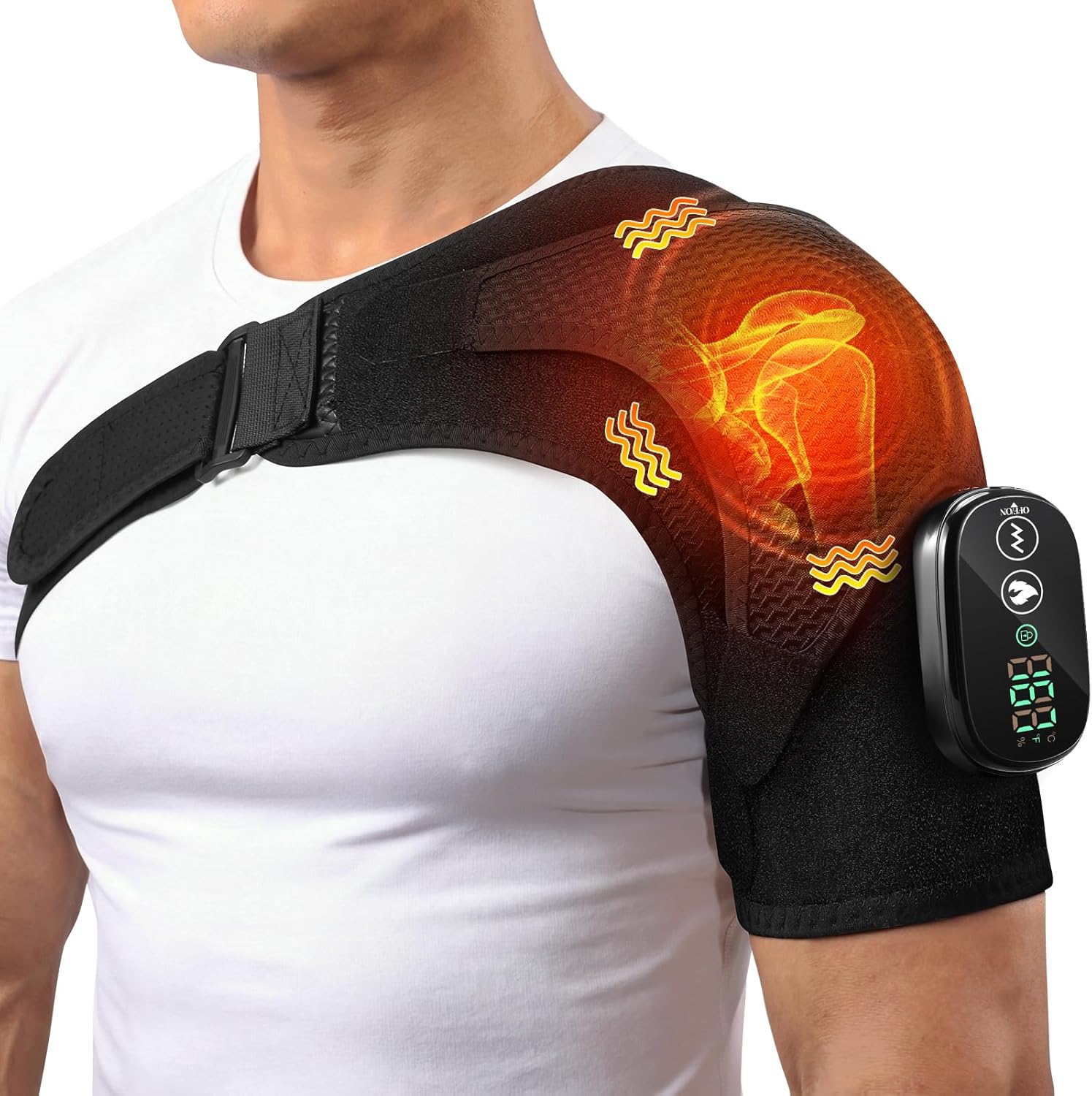 YUANBO Cordless Heated Shoulder Massager, Portable Shoulder Brace Heating Pad with 3 Heat & Vibration Heated Shoulder Wrap Brace for Men Women