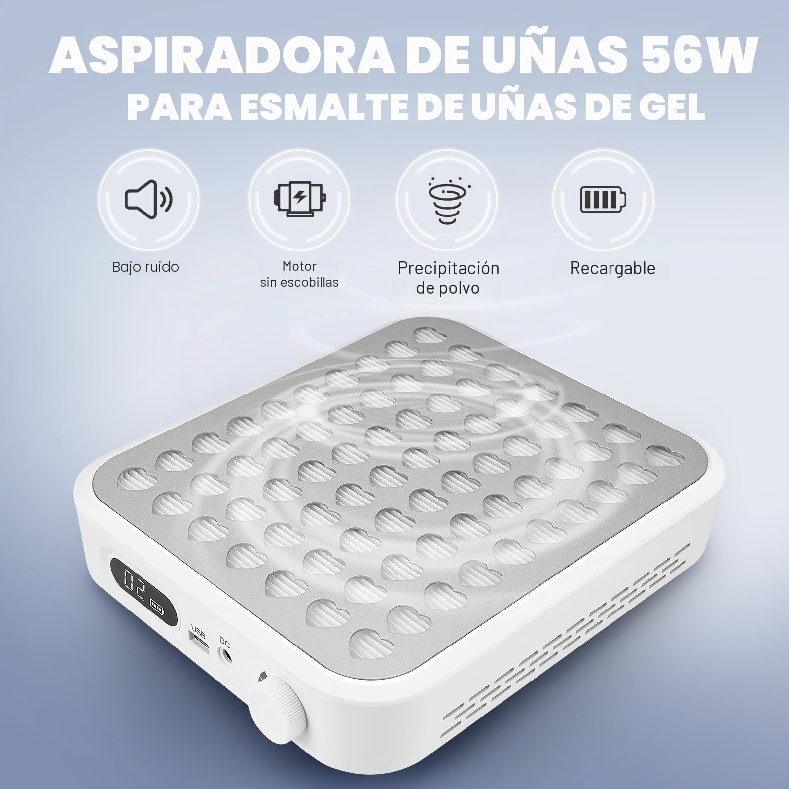 Madenia Recargable Aspirador de Uñas Profesional - 56W Inalámbrico Colector de Polvo Salón de Uñas con 2 Filtros Reutilizables y 1 Cepillo, Potente Extractor de Polvo para Uñas de Gel Acrílico