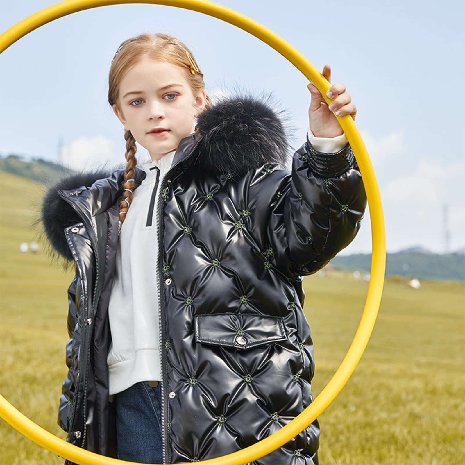 Piumino da Bambina Invernale Bianco Piumino D'Anatra per Bambini Caldo Giubbotto con Cappuccio Stampa Tridimensionale Dolce Ed Elegante,Pink,15(140CM)