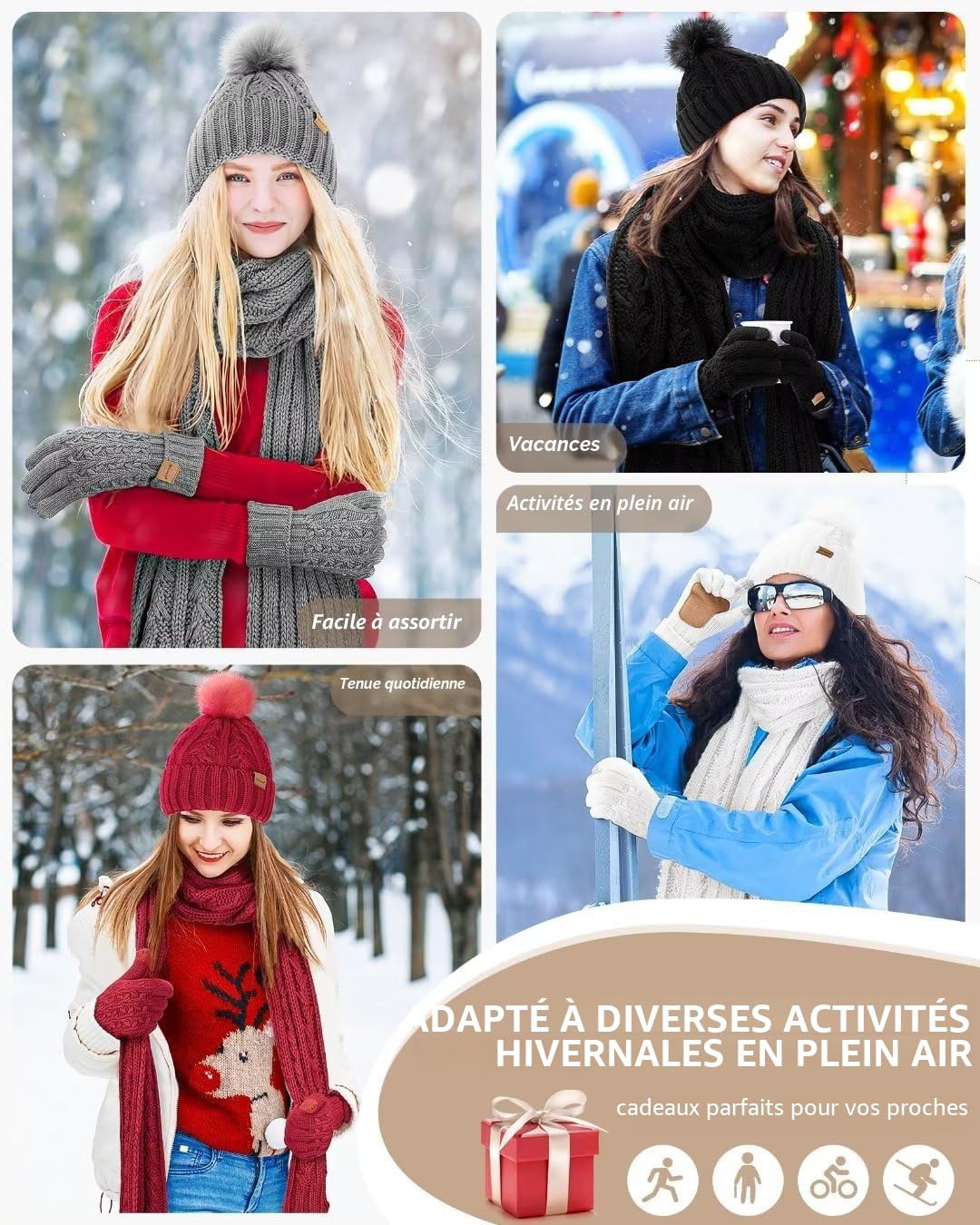 Winuesa Ensemble bonnet, écharpe et gants pour femme, bonnet d'hiver pour femme avec pompon doublé en polaire chaud, bonnet à pompons, gants pour écran tactile, écharpe, cache-cou, ensemble 3 en 1