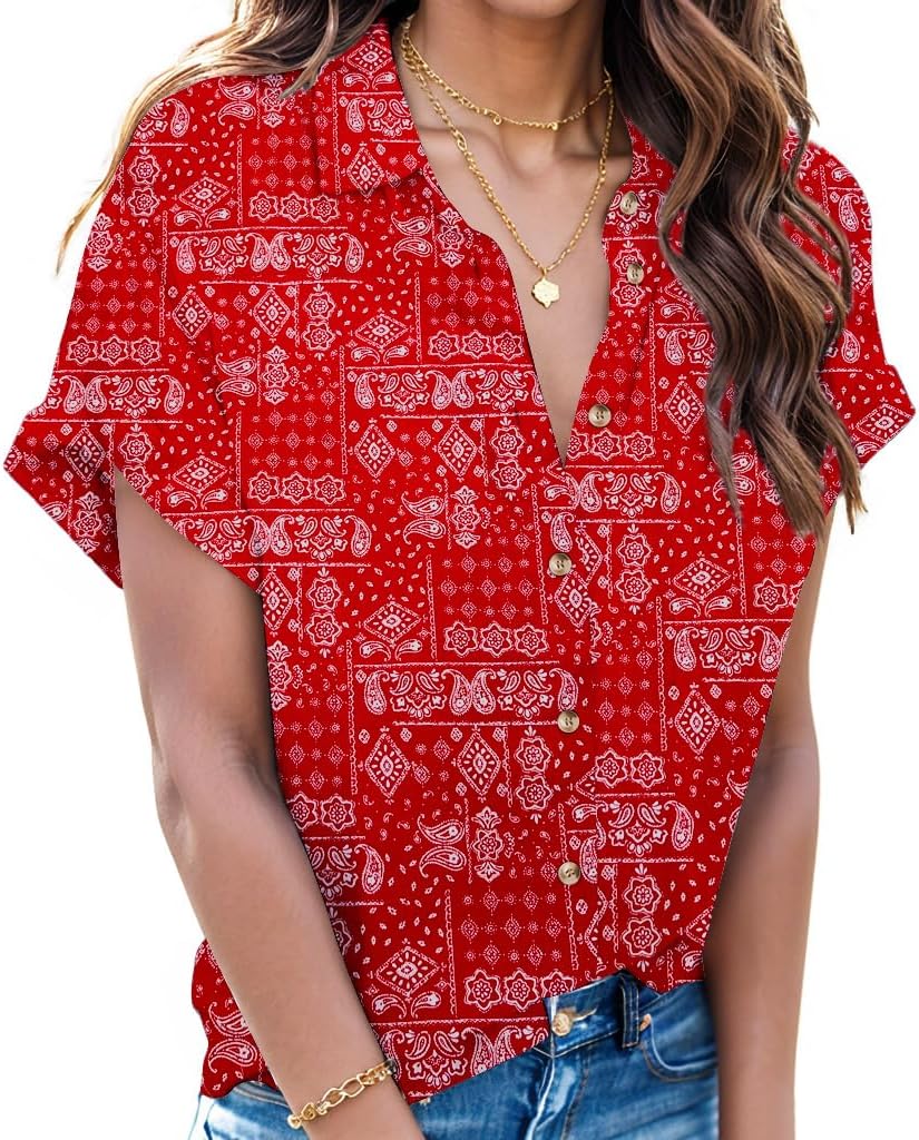 Zeagoo Womens Boho Linen Cotton Button Down Shirt Loose Short Sleeve Collared Office Casual Shirt Blouse with Pocket