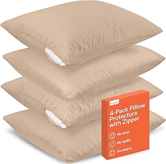 Ultra Soft Pillow Protectors with Zipper King Size - Set of 4 Breathable Pillow Covers - 100% Protection Against Stains, Dust & Dirt - Machine Washable (Beige)