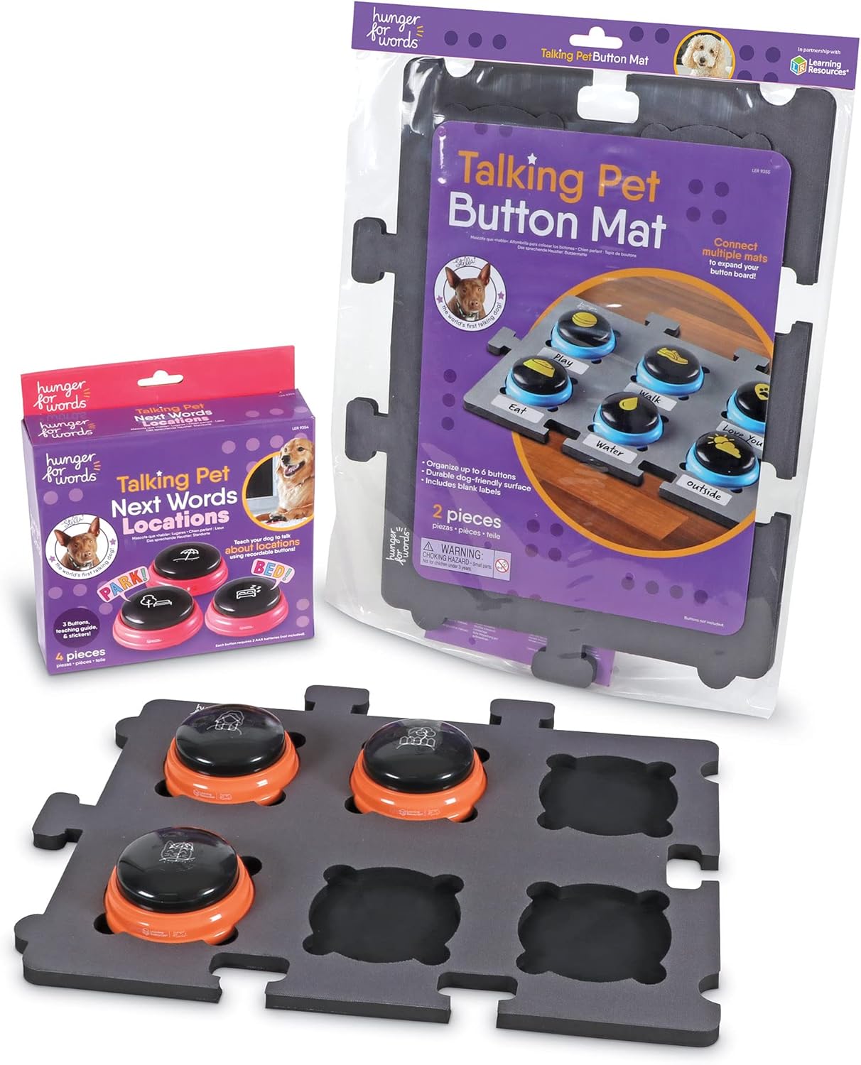 Hunger for Words Talking Pet Bundle - Storage Mat Set for 6 Buttons & Pet Next Words Locations, 3 Recordable Speech Buttons, Dogs Training and Communication