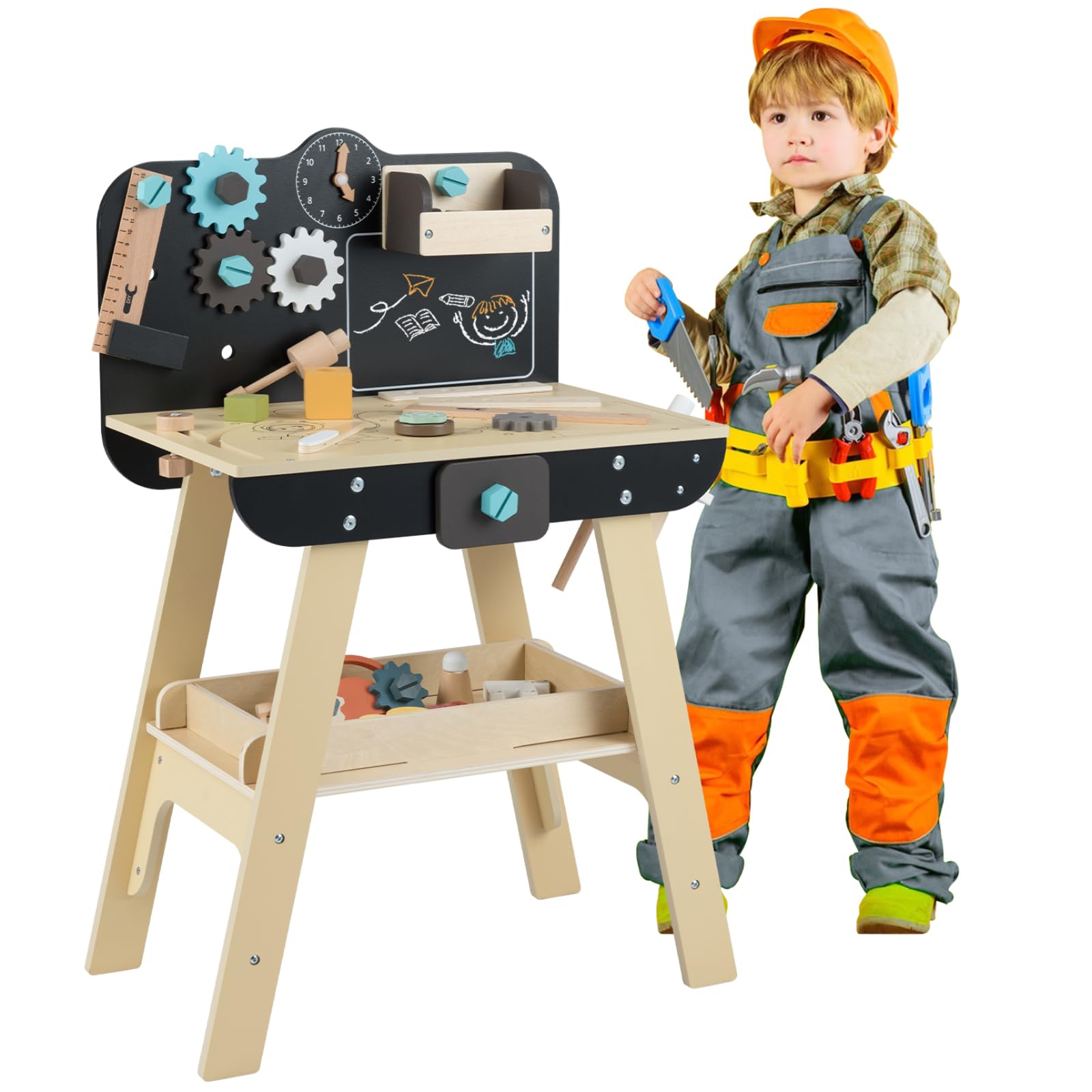 Maxmass Wooden Kids Workbench, Toddler Tool Bench with Rich Tools & Parts, Chalkboard, Storage Shelf, Educational Construction Tools Set Pretend Play Tool Workshop (Natural+Black, 50x30x74cm)