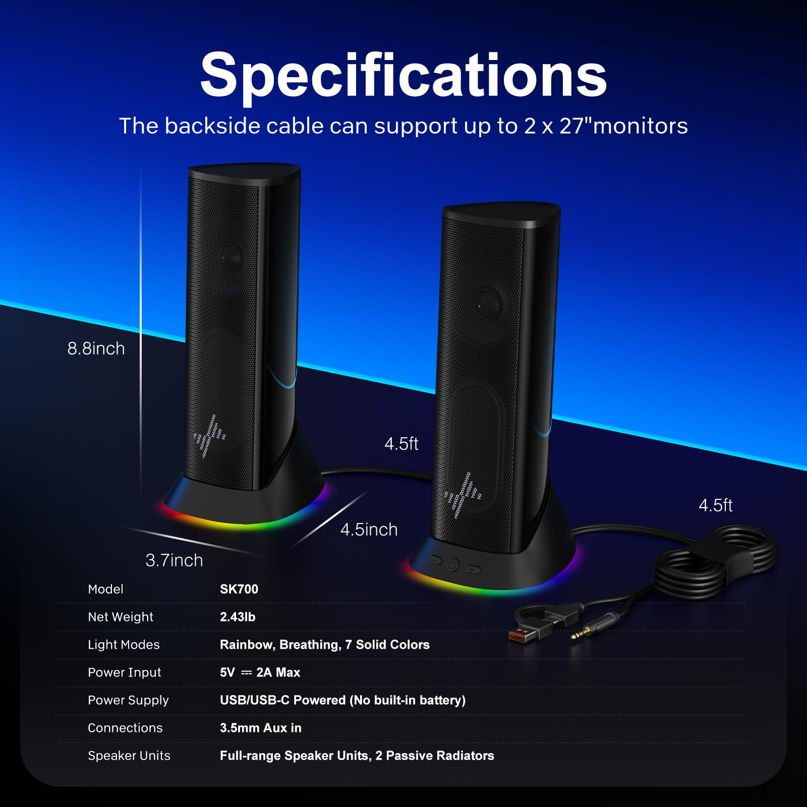 Nylavee Altoparlanti per computer – Altoparlanti stereo Hi-Fi per PC con 9 modalità di illuminazione LED, bassi e suoni migliorati, alimentati tramite USB/Type-C e altoparlanti da tavolo cablati audio