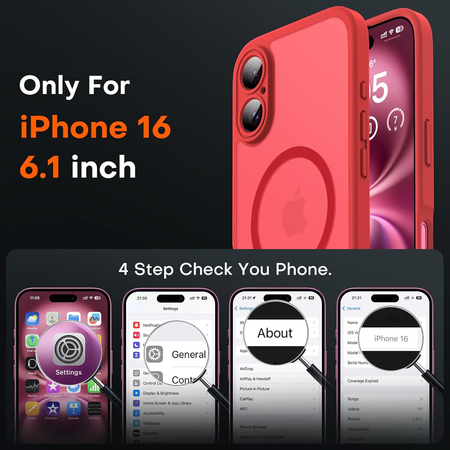 TOCOL Magnetic for 16 Red Case, Upgraded Full Camera Protection, Compatible with Magsafe, Drop Protection, Translucent Matte Back Bumper Phone Cover 6.1-Inch (Red) - Image 2