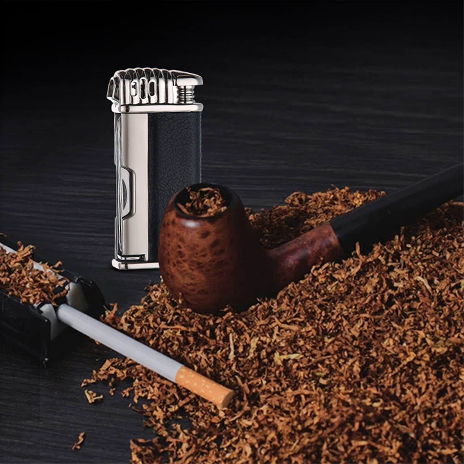 Briquet à Pipe Flamme Douce avec 3 Outils de Cure-Pipe Tube en Métal Briquet Rechargeable Au Butane Cadeau pour Hommes Fumeurs