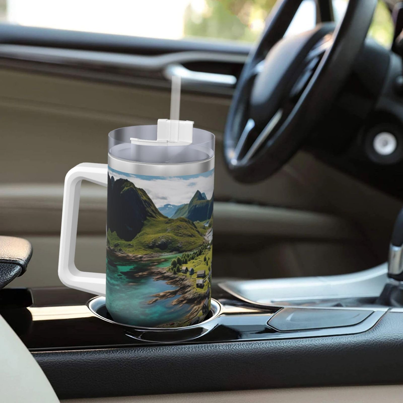 Norway Islands Ice Bully Doppelwandige isolierte Wasserflasche mit Griff und Strohhalm-Deckel, 1,2 l