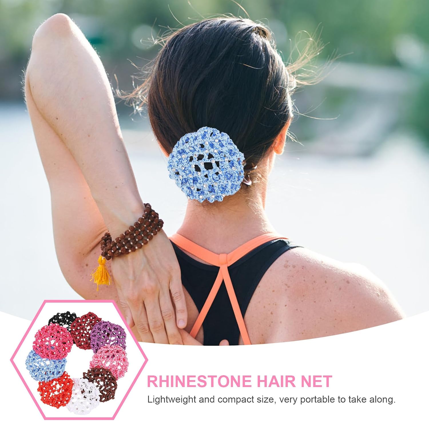 Rhinestone Hair Net Bun Covers 9Pcs Handmade Crochet Snood Net Elastic Hair Accessories for Women Professional Work and Dance Use