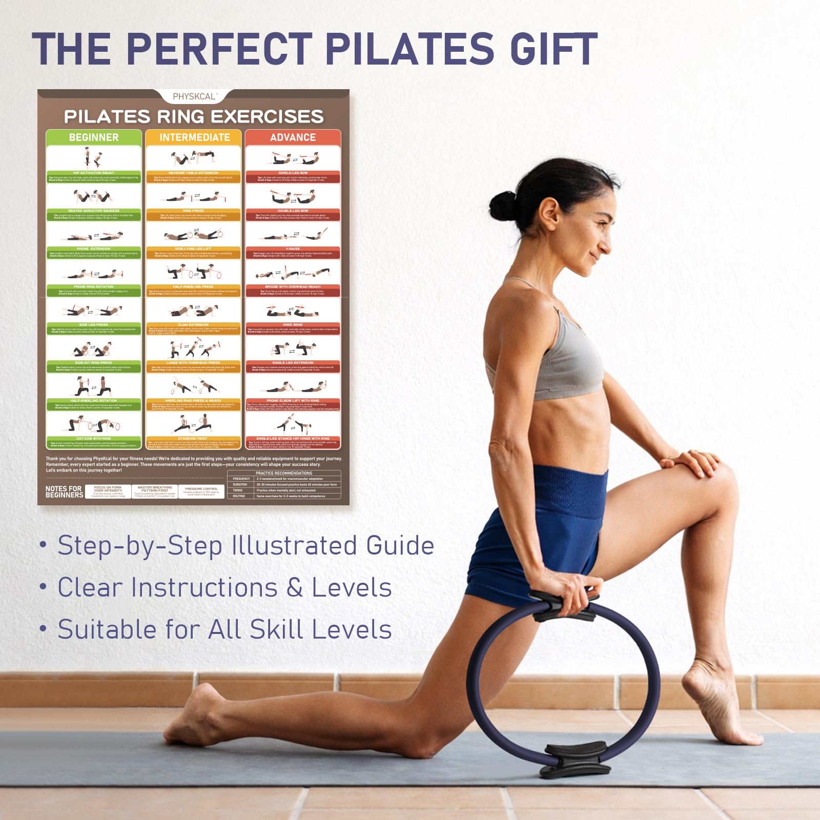 PhysKcal Anello per Pilates 38 cm, con Manici Imbottiti Extra Spessi, Attrezzatura per tonificare l'interno Coscia, Foglio di Allenamento Incluso