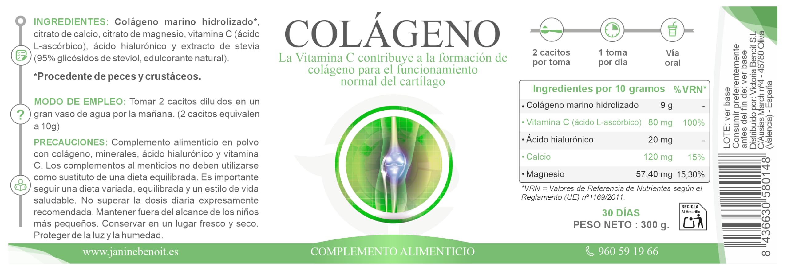 Colágeno Marino Articular | Peptan®, Ácido Hialurónico, Vitamina C, Calcio y Magnesio | Salud Articular y Huesos Formato en Polvo | 300g