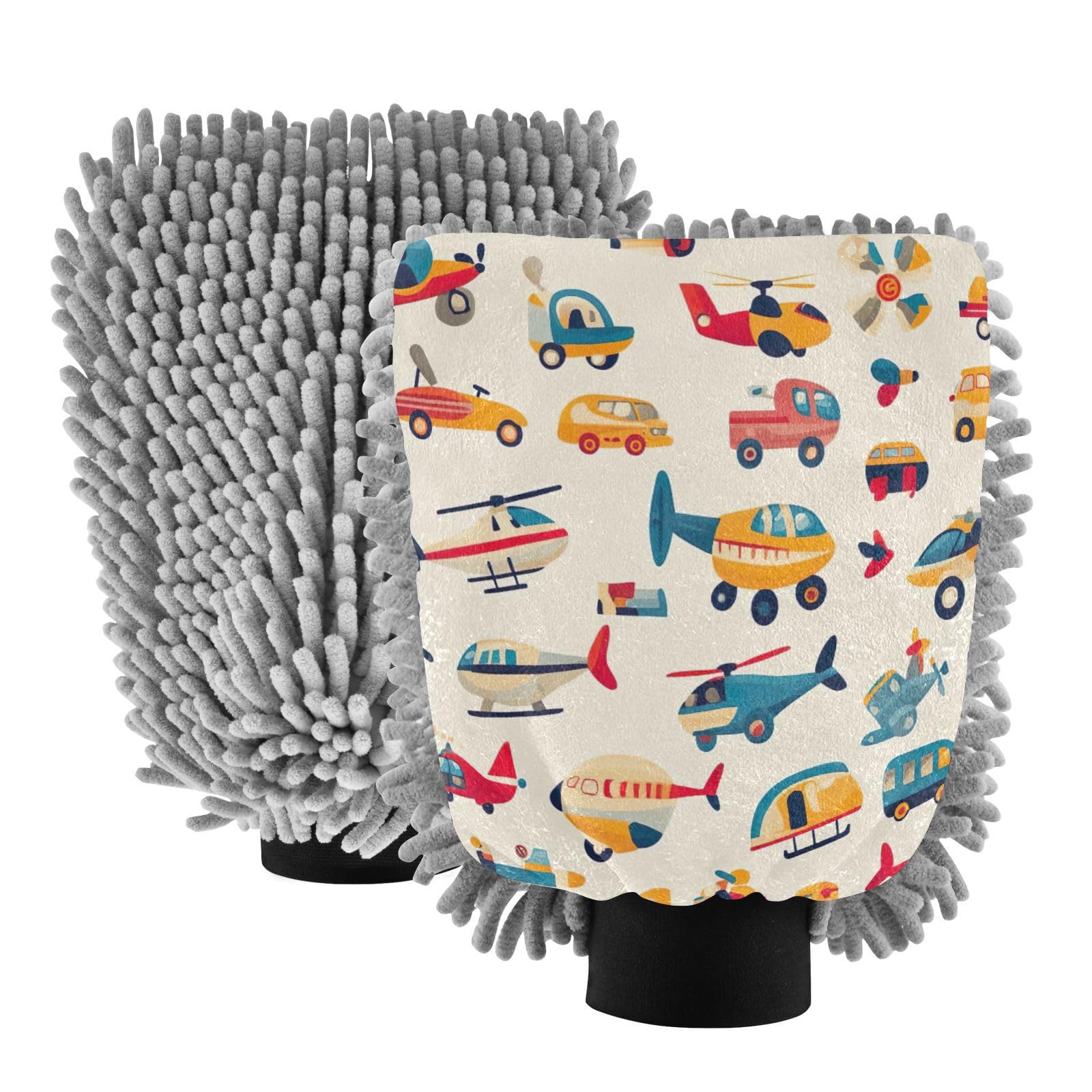 STAYTOP Cartoon Airplane Car Wash Mitt Microfiber, 2Pcs Scratch Free Lint-Free, Premium Chenille Microfiber Mitt Car Wash Brush-L