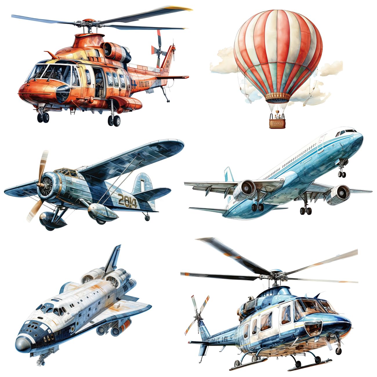 RW-JDFX Removable Cartoon Watercolor Airplane Wall Decals DIY Peel and Stick Helicopter Jet Aircraft and Hot Air Ballon Wall Stickers Motorized Flight Wall Decor for Boys Baby Bedroom Nursery