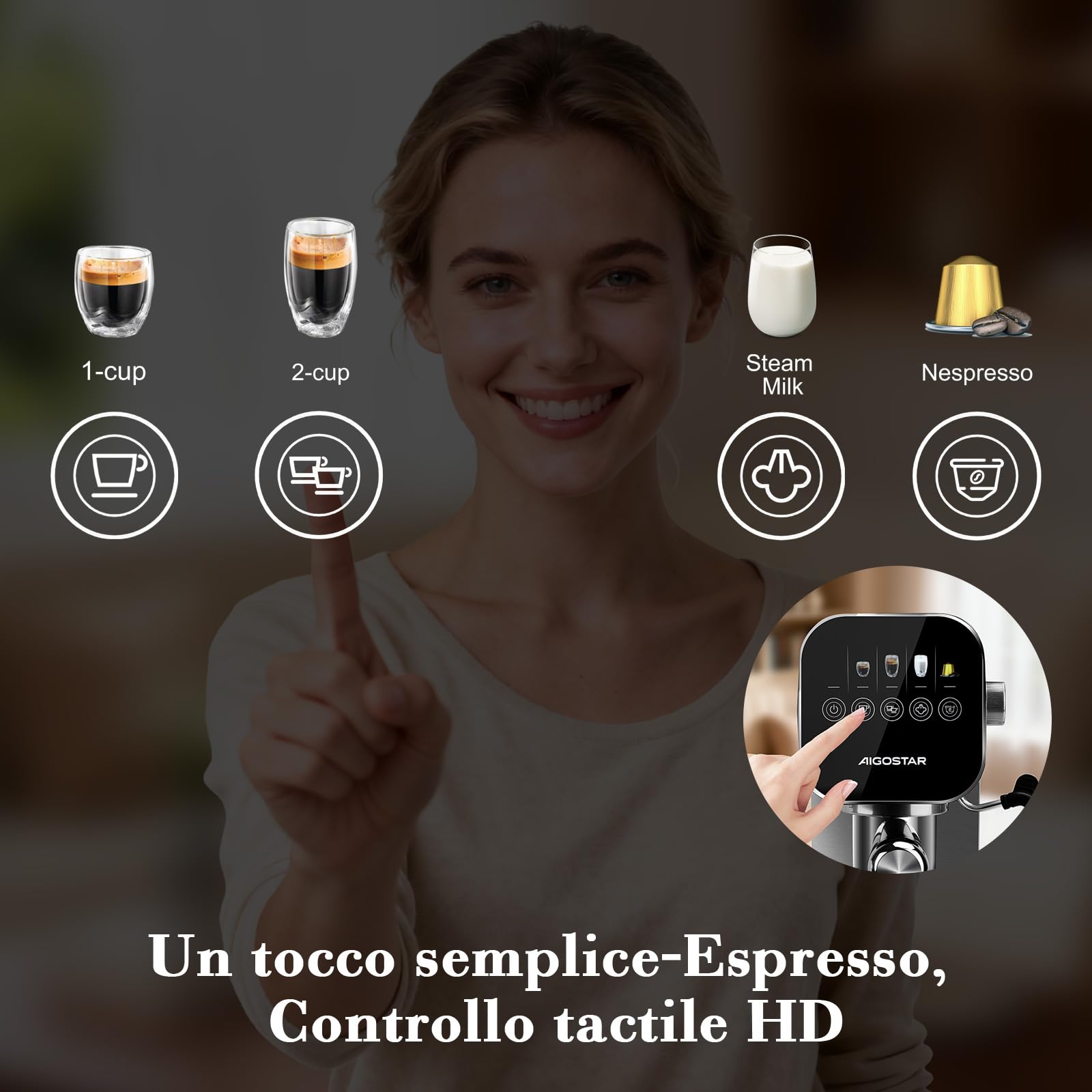 Aigostar Macchina Caffè Espresso 20 Bar per Capsule e Caffè Macinato, 0,9 L | Portafiltro, Schermo touch, con vaporizzatore latte, 1 o 2 tazze, 1350 W, inox, ideale per Espresso, Cappuccino e Latte