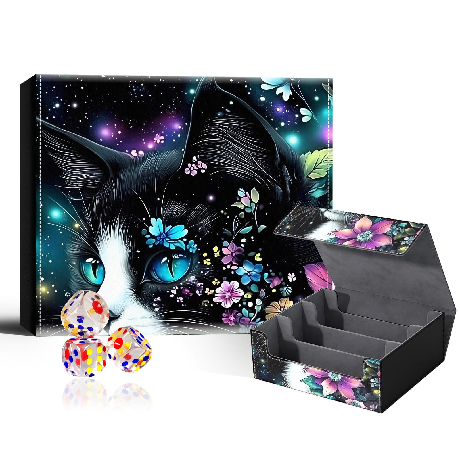 VOGDMKJG Trading Card Deck Box Fit 1800+ Single Sleeved Cards,PU Leather Magnetic Closure Card Storage Box With 3 Dice For MTG/TCG/PTCG/Magic/Sport Card Storage Case Large 3 ROW Design Cat Floral