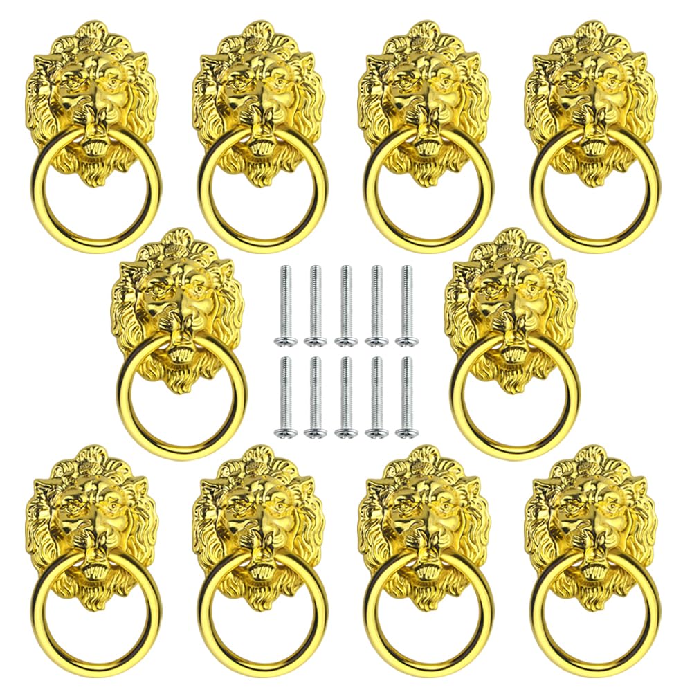 Tovot Bronze,Gold 10Pcs 2.7" Lion-Head Drawer Pulls Drawer Handles Set Ring Pulls Antique Drawer Handles With Screws (Gold)