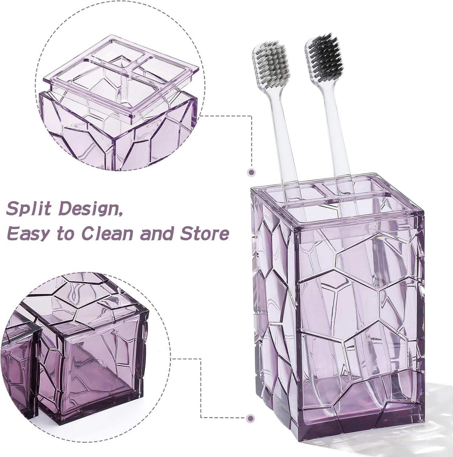 Clear Acrylic Bathroom Accessories Set - Rust-Free, Transparent Design - Includes Soap Dispenser, Toothbrush Holder, Cup, Soap Dish, and Toilet Brush 5-Piece (Lavender Purple)