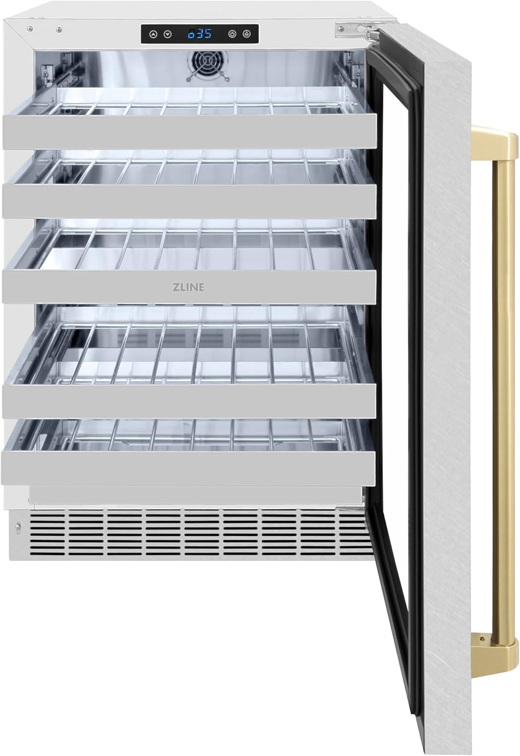 ZLINE Autograph Edition 24 in. Touchstone Dual Zone 44 Bottle Wine Cooler with Satin Stainless Steel Glass Door and Champagne Bronze Handle (RWDOZ-SN-24-CB)