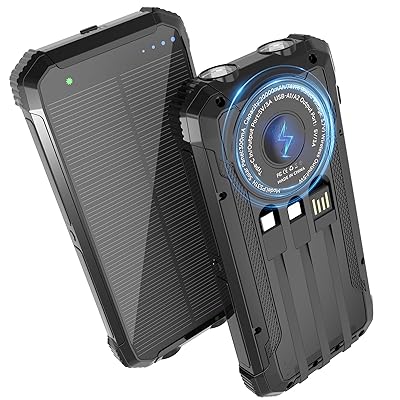 Solar Power Bank 20000mAh, Wireless Charger with 15W Fast Charging, 3 Data Cables, USB-C Output, Dual Flashlights, Portable Outdoor Battery Pack for iPhone, Samsung, and More, for Camping, Emergency