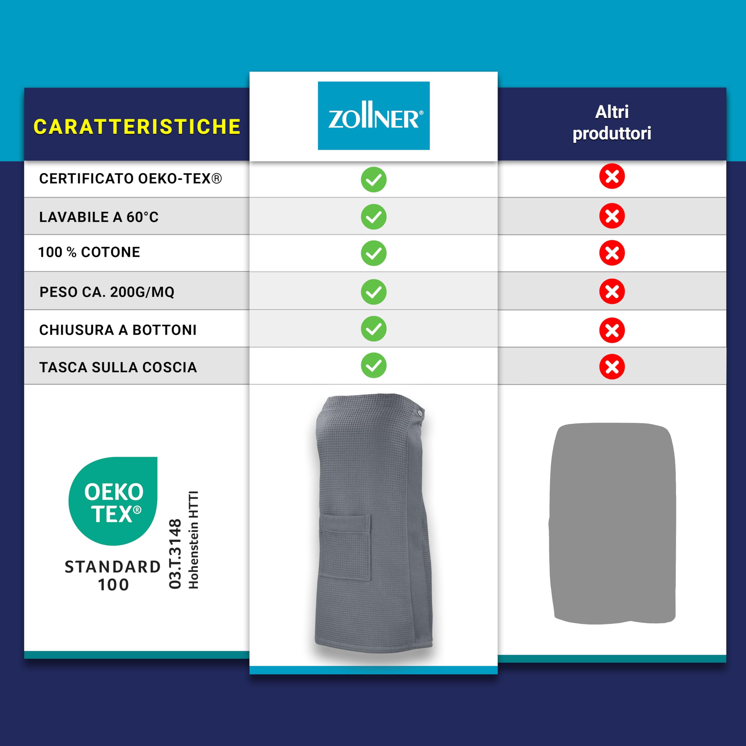 ZOLLNER Kilt da sauna per donna in ottica Piquè - Cotone - Con elastico e chiusura a bottoni - pratiche tasche con cerniera - lavabile a 60°C - OEKO-TEX (R), grigio