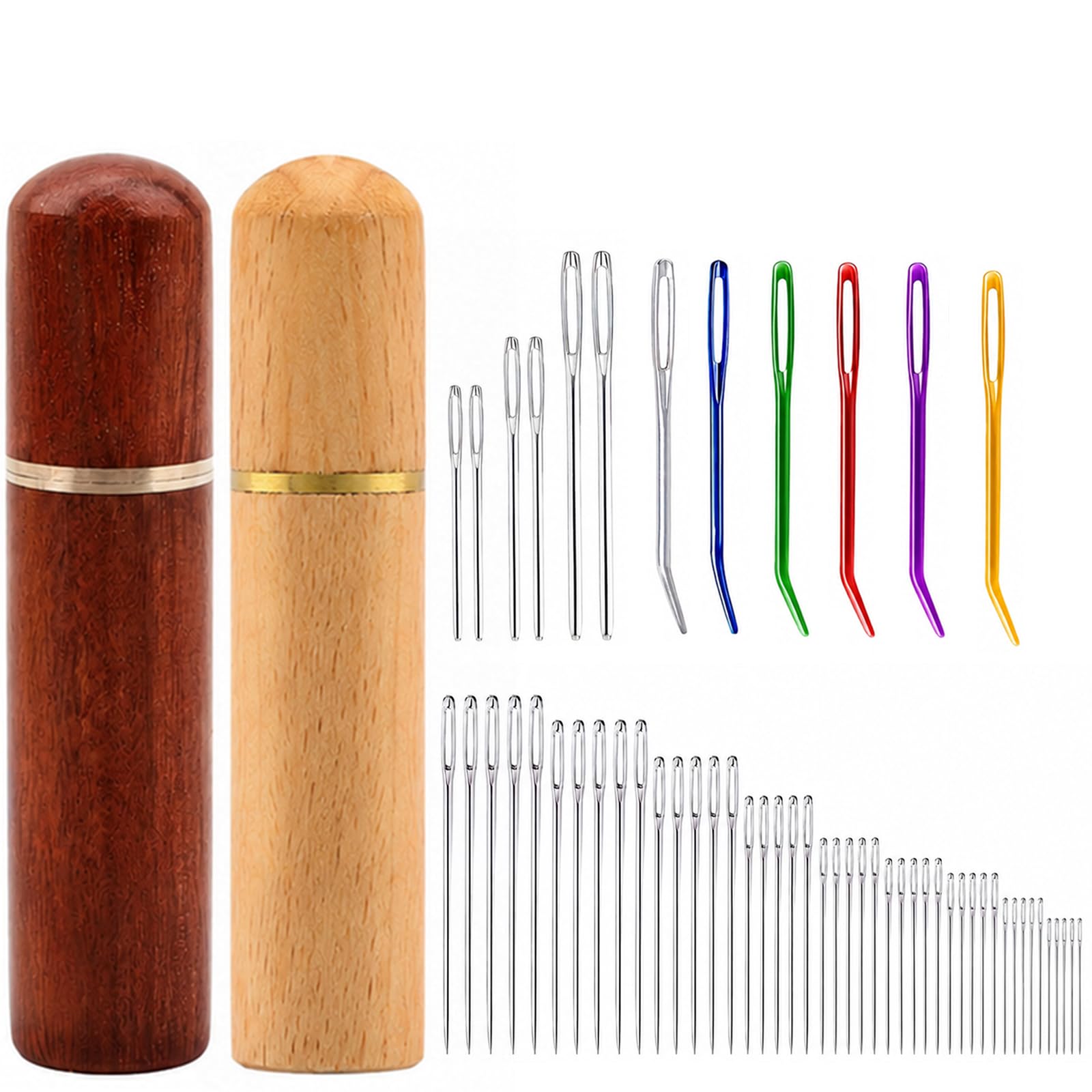 37PCS Sewing Needles Large Eye Blunt and Sharp Tips with 2 Wooden Storage Tubes for Knitting Crochet Embroidery Darning Tapestry Yarn