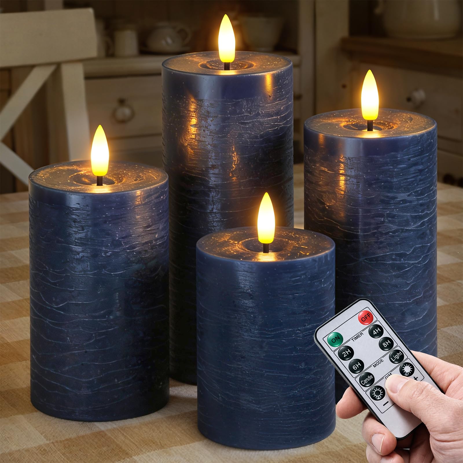 Wroxipel Set of 4 Navy Blue Real Wax Flameless Candles with Remote, Long Lasting Battery Operated LED Pillar 7,5cm x10 12,5 15 17,5cm with Timer and Flickering Electric for Home Decor