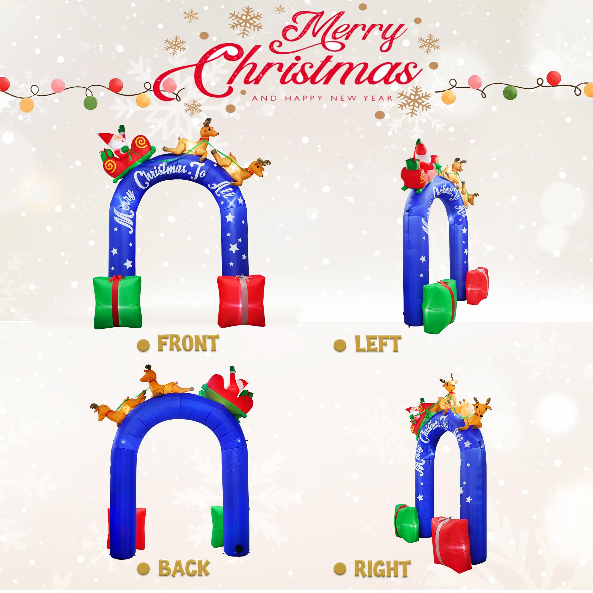 Babbo Natale gonfiabile alto 2,7 m che cavalca una renna con foglio, decorazione esterna, arco natalizio con regali, W-CL2250-270