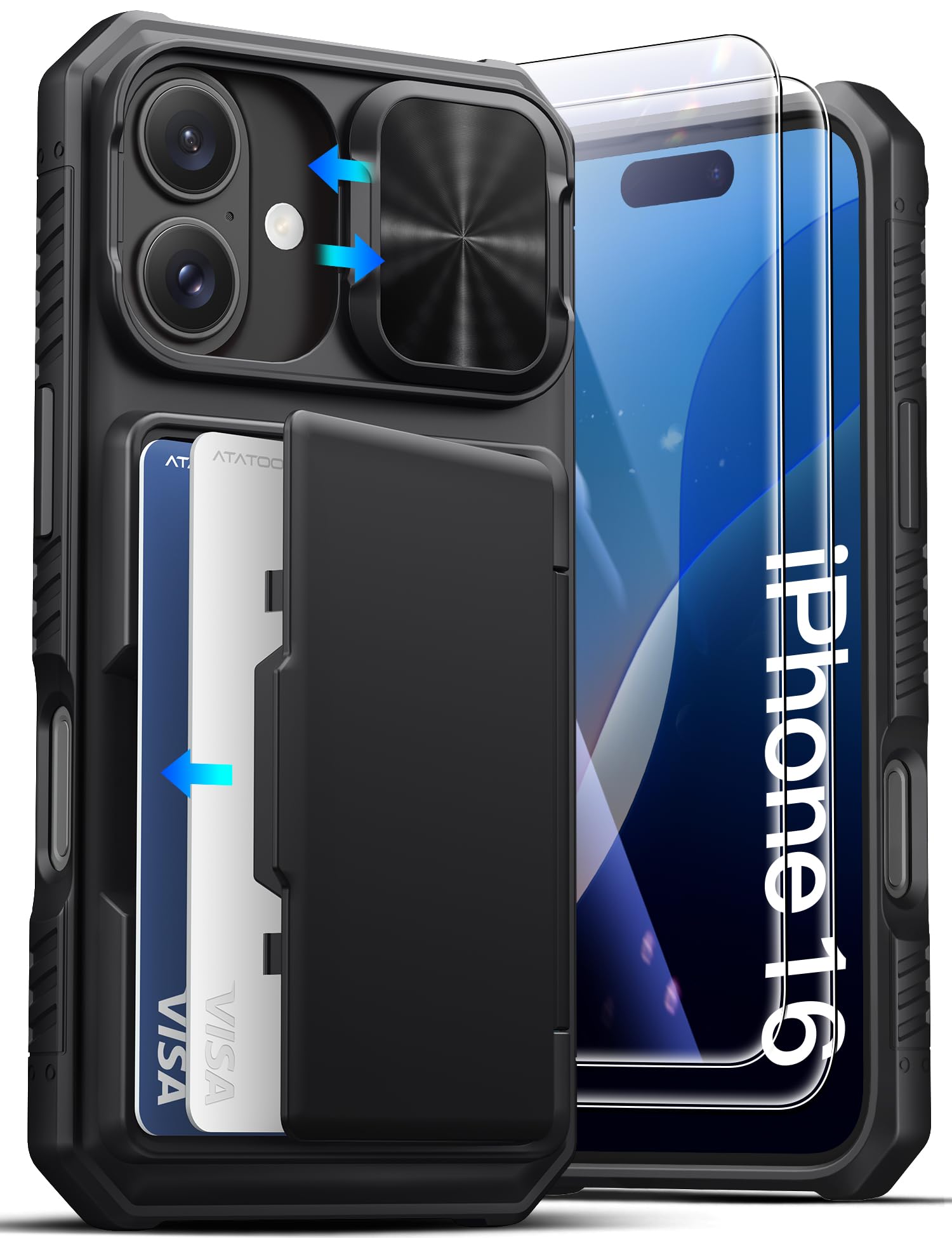 ATATOO for iPhone 16 Case Wallet, Card Holder, 2X Screen Protector, Black