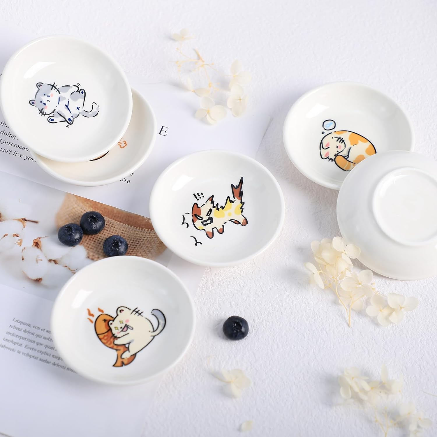 SOCOSY Super Cute Cartoon Animal Ceramic Sauce Dishes, Seasoning Dishes, Little Cat Dog Bird Feeding Bowls, Sushi Soy Dipping Bowls, Appetizer Plates, Dessert Plates, Set of 6-Cats-3.5 Inch