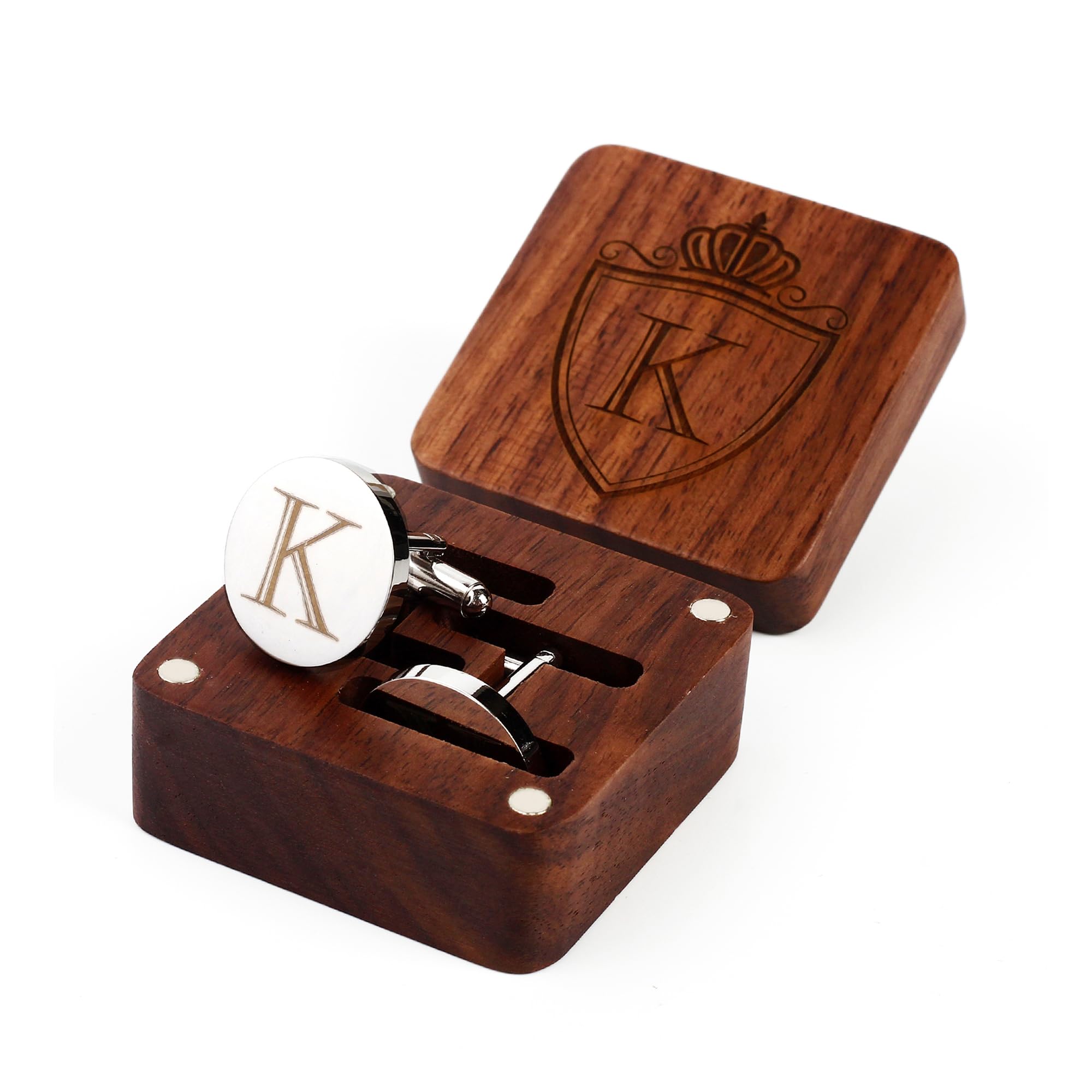 Prophet Clue PCMens Initial Silver Cufflinks A-Z Alphabet Letter Steel Cuff Links with Engraved Walnut Wood Box Groom Groomsman Wedding Set…