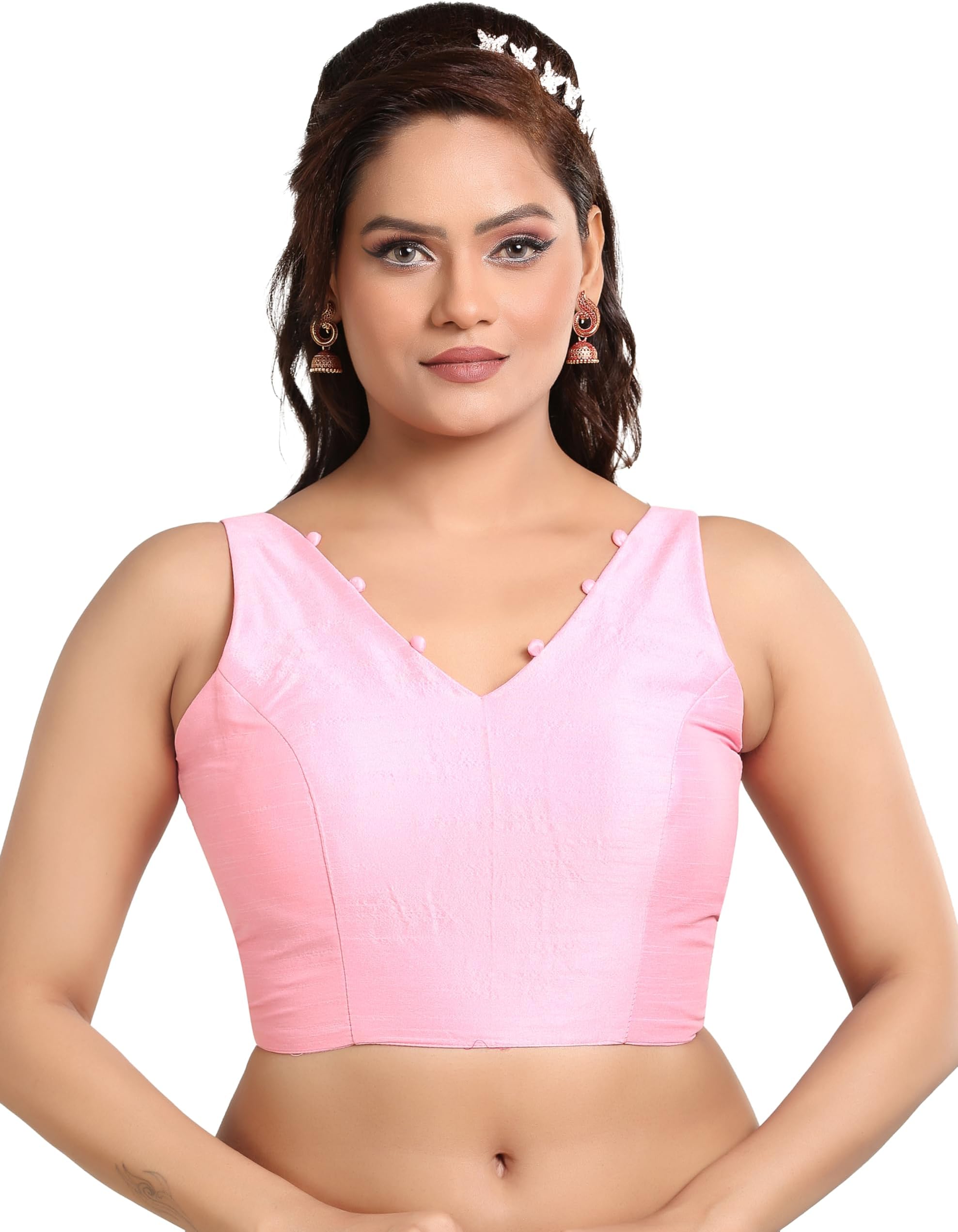 Madhu Fashion Women's Sleeveless Solid Pattern V Neck Readymade Saree Blouse