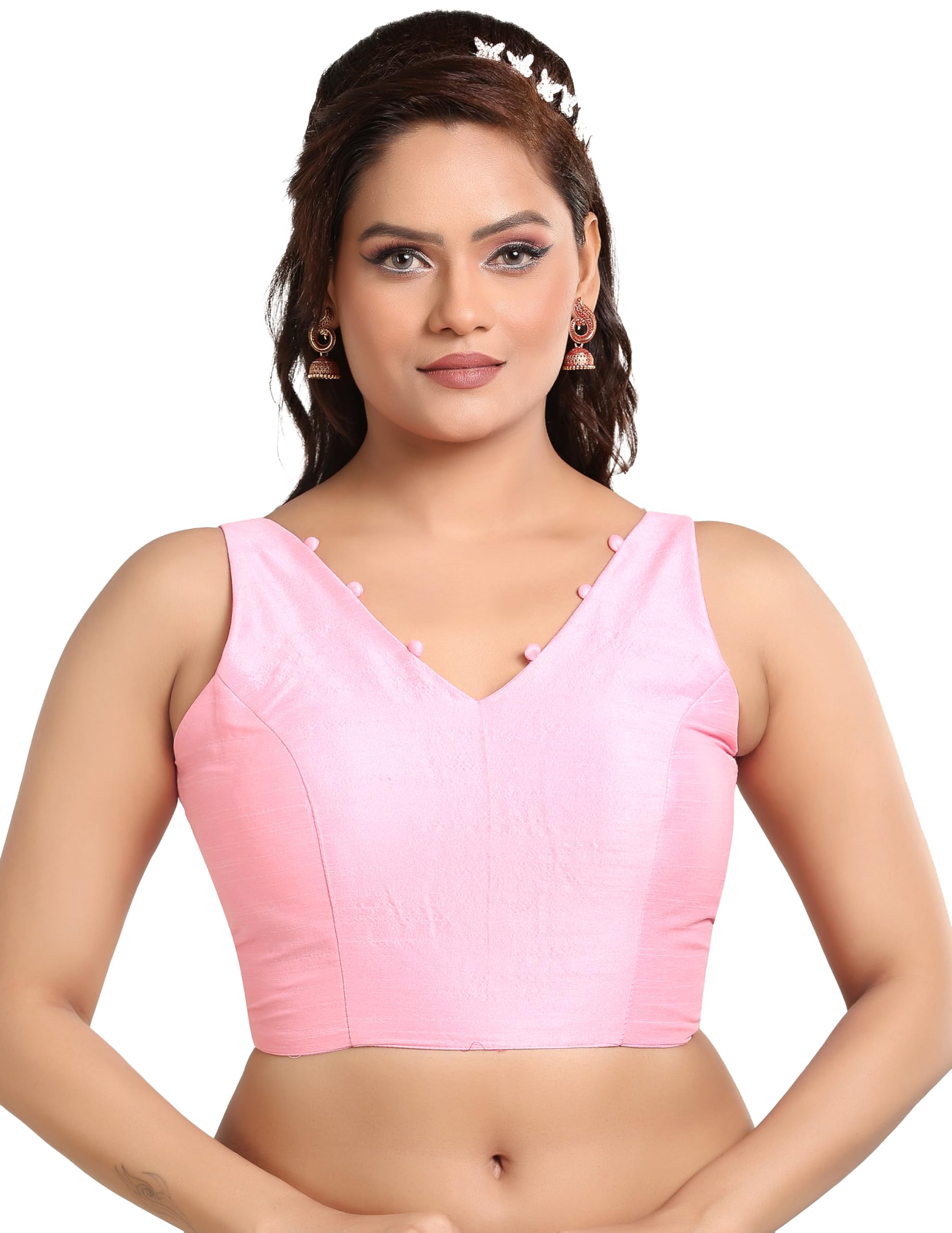 Madhu Fashion Women's Sleeveless Solid Pattern V Neck Readymade Saree Blouse