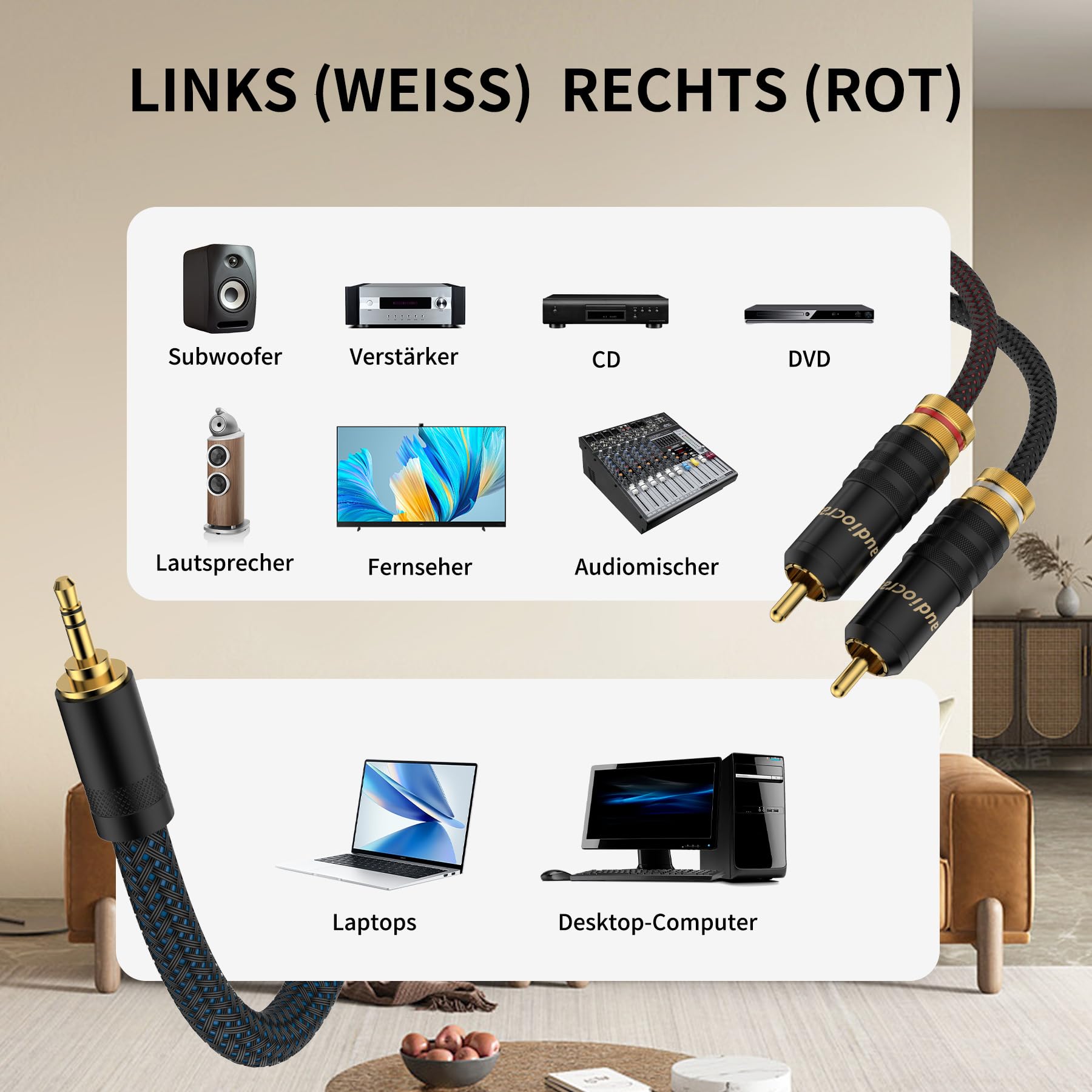 2m 3.5mm Klinke auf 2 x RCA Audio Kabel mit Metallgehäuse und 24k Vergoldetem Stecker für MP3, Tablet, Lautsprecher, HDTV