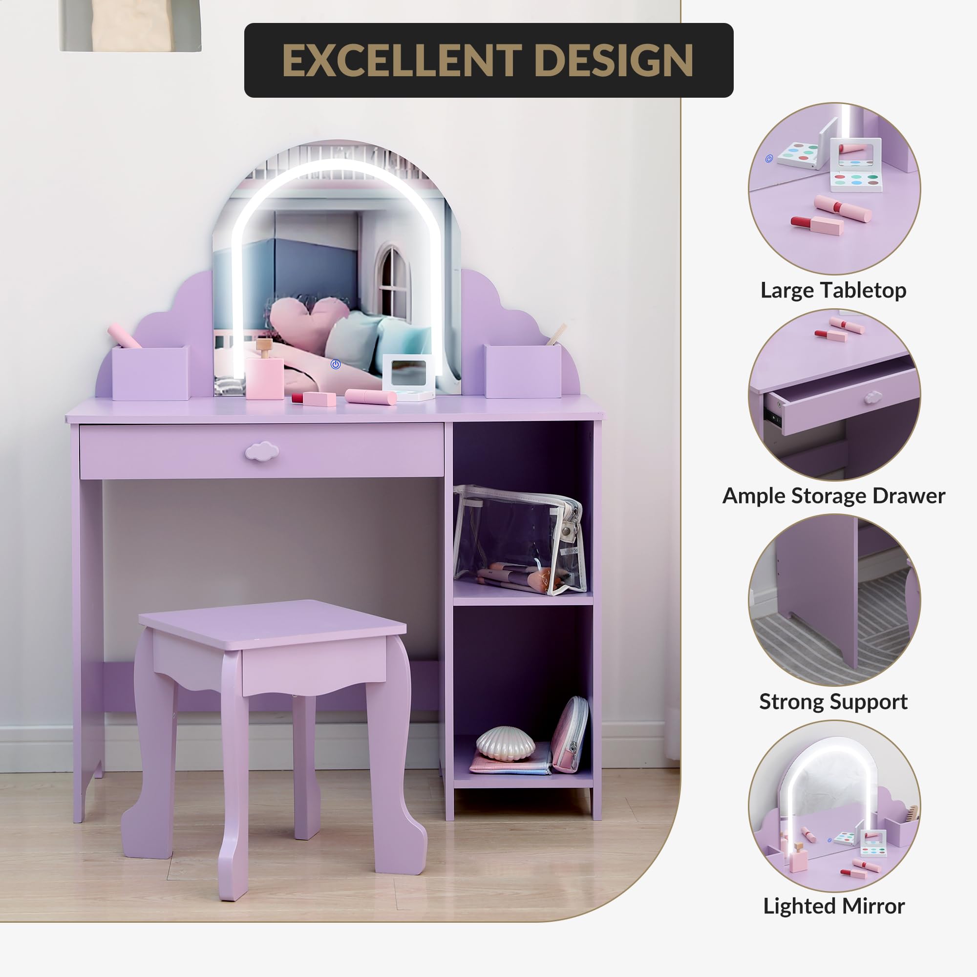 Garvee Kinder-Kosmetiktisch Mit Beleuchtungsspiegel & Hocker – Schminktisch Für Kleine Mädchen Inklusive Holz-Kosmetikset, Verstellbarer LED-Beleuchtung, Für Mädchen Von 3-9 Jahren